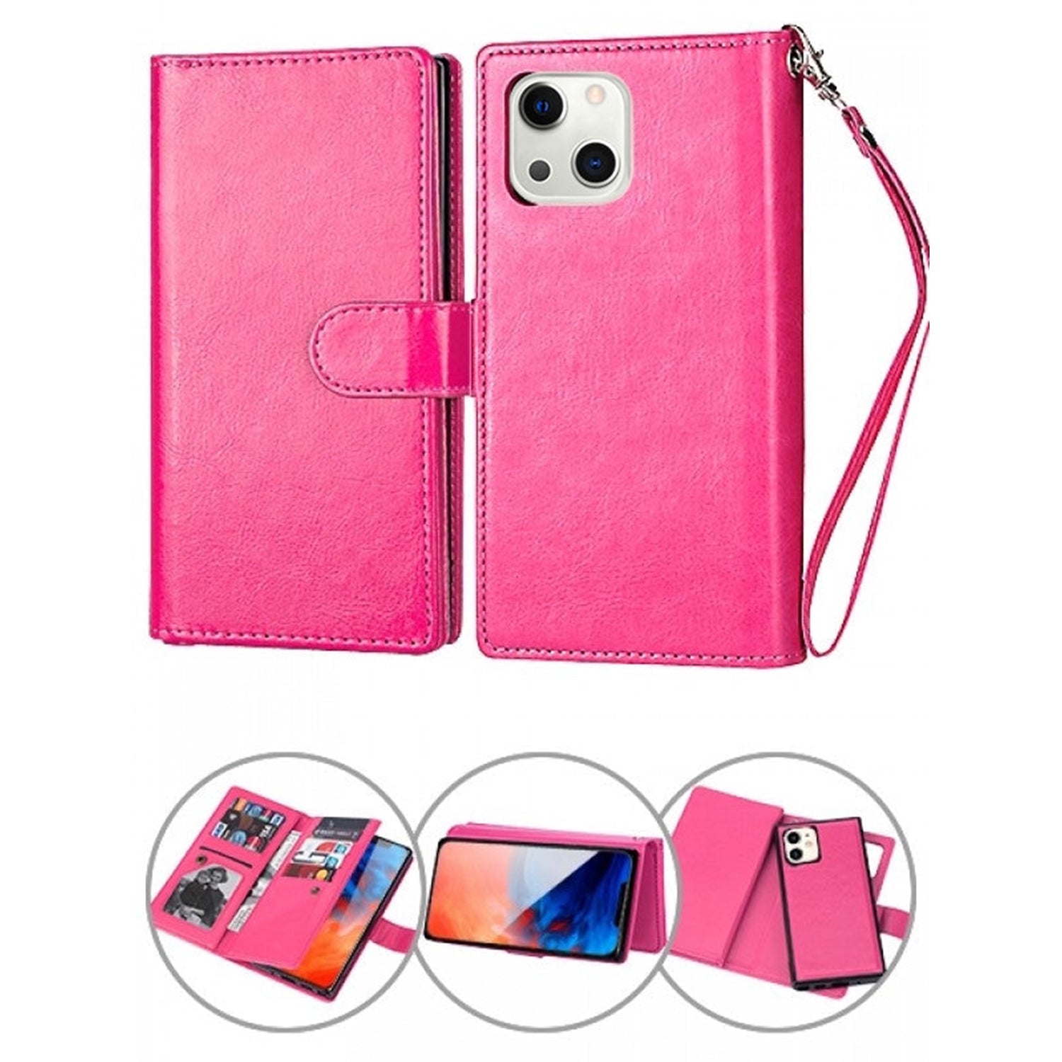 iPhone 13 Mini 2 in 1 Leather Wallet Case With 9 Credit Card Slots and Removable Back Cover 