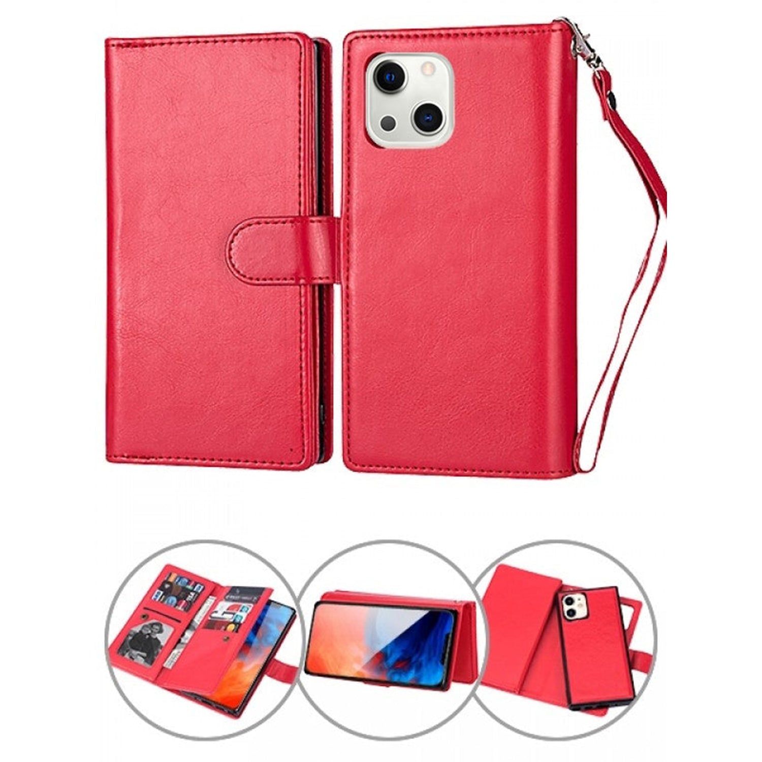 iPhone 13 Mini 2 in 1 Leather Wallet Case With 9 Credit Card Slots and Removable Back Cover 