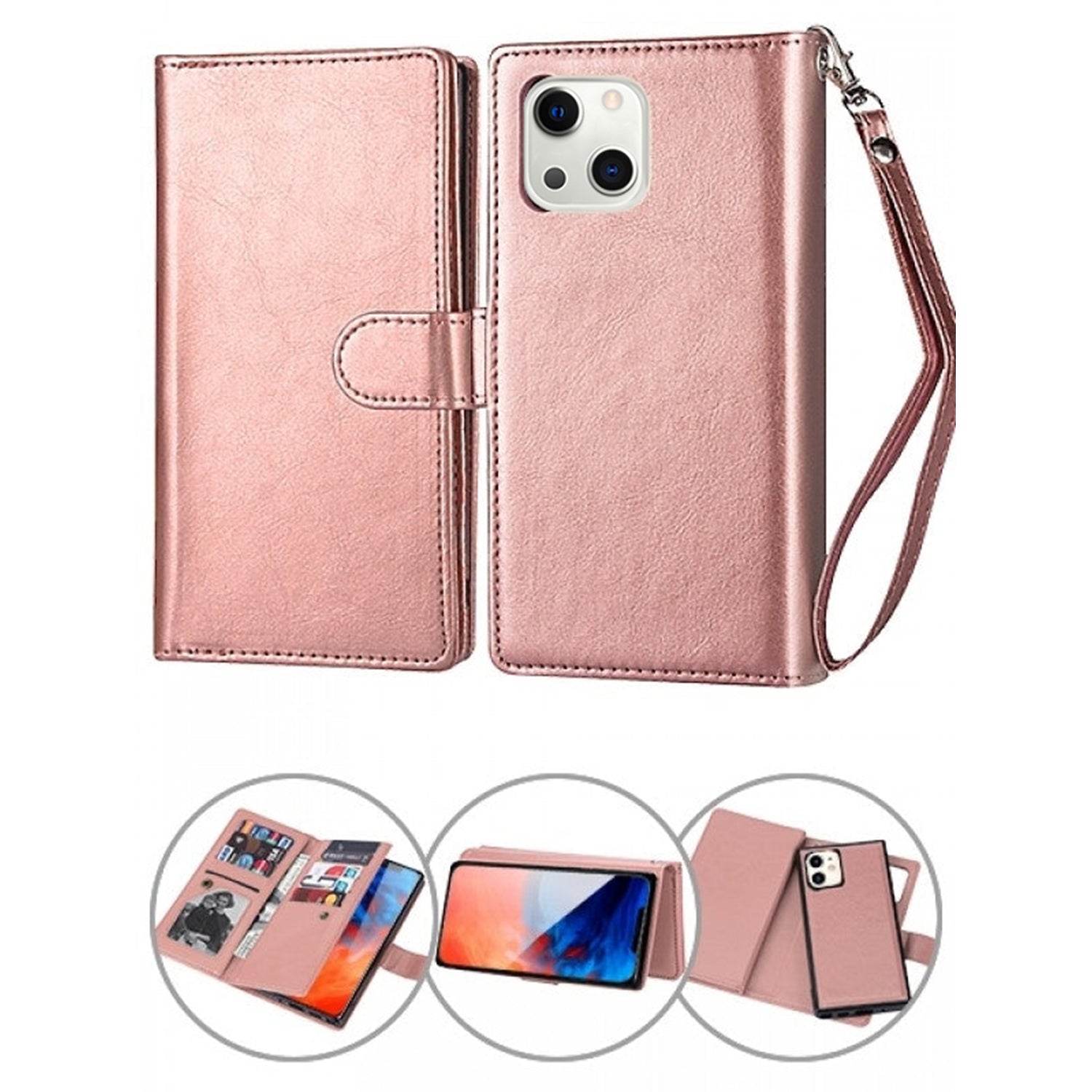 iPhone 13 Mini 2 in 1 Leather Wallet Case With 9 Credit Card Slots and Removable Back Cover 