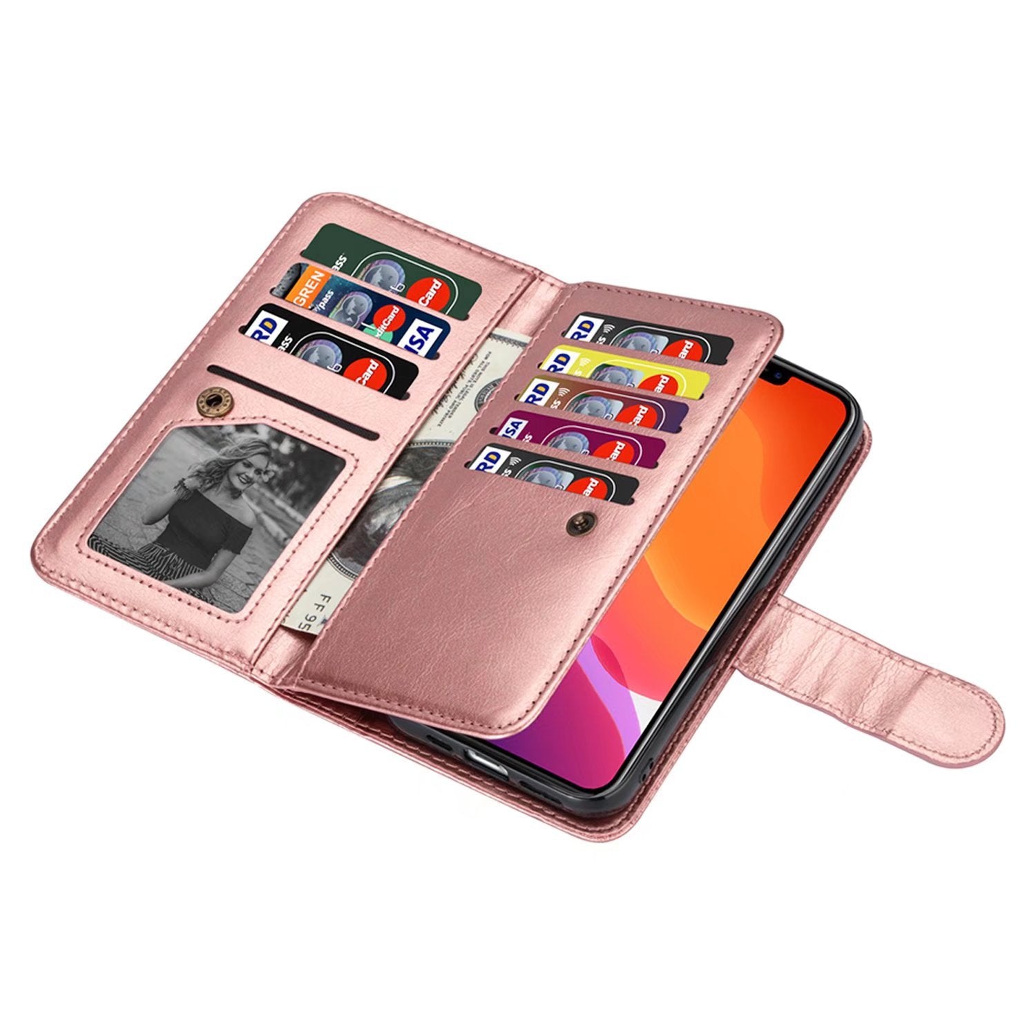 iPhone 13 Mini 2 in 1 Leather Wallet Case With 9 Credit Card Slots and Removable Back Cover 