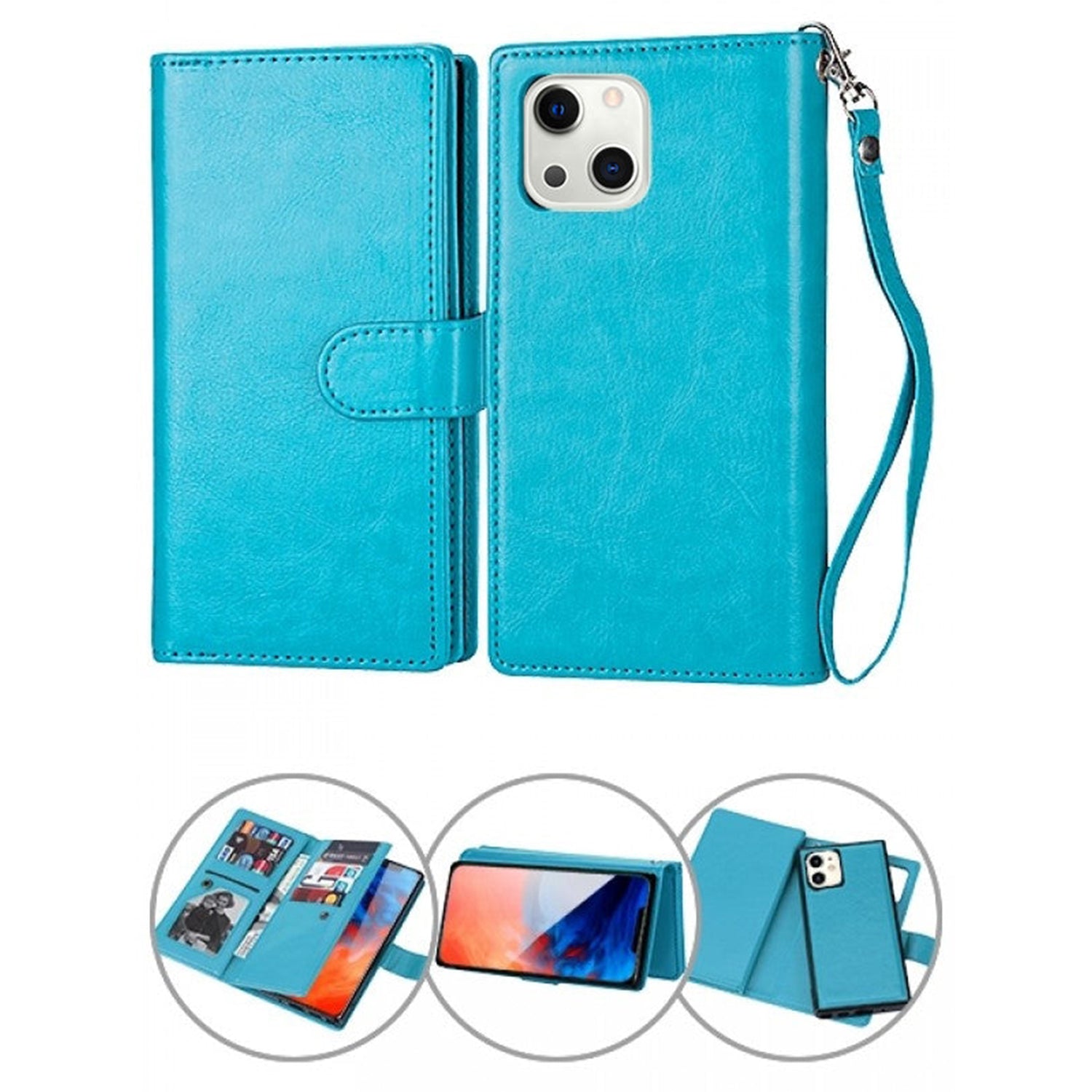 iPhone 13 Mini 2 in 1 Leather Wallet Case With 9 Credit Card Slots and Removable Back Cover 