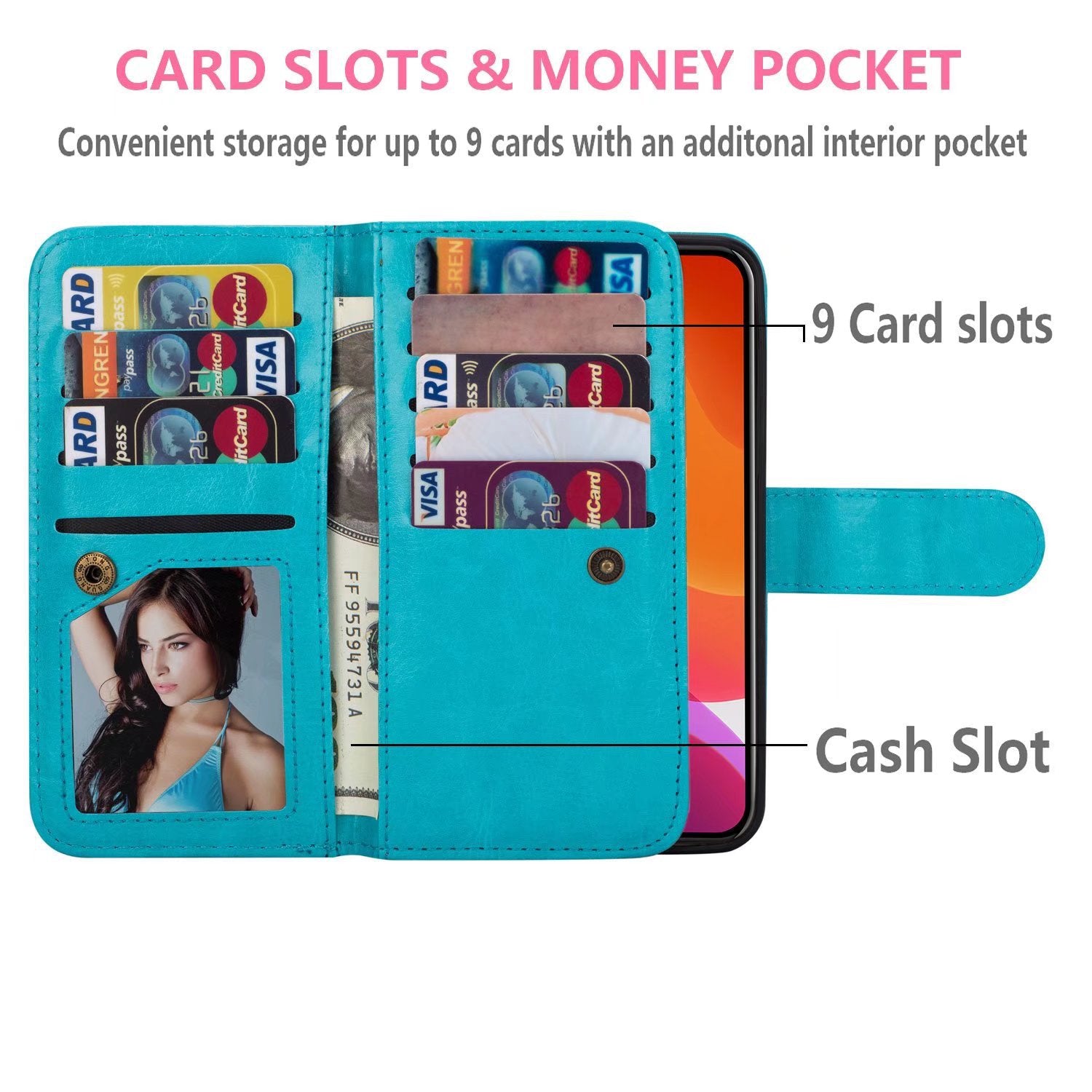 iPhone 13 Mini 2 in 1 Leather Wallet Case With 9 Credit Card Slots and Removable Back Cover 