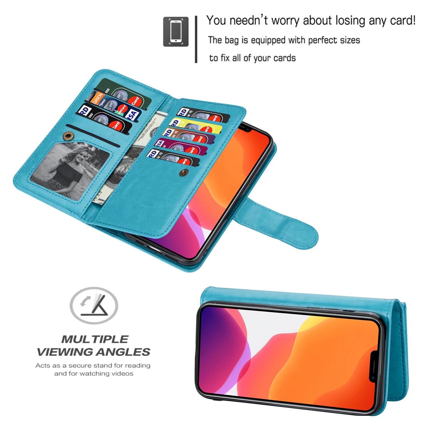 iPhone 13 Mini 2 in 1 Leather Wallet Case With 9 Credit Card Slots and Removable Back Cover 