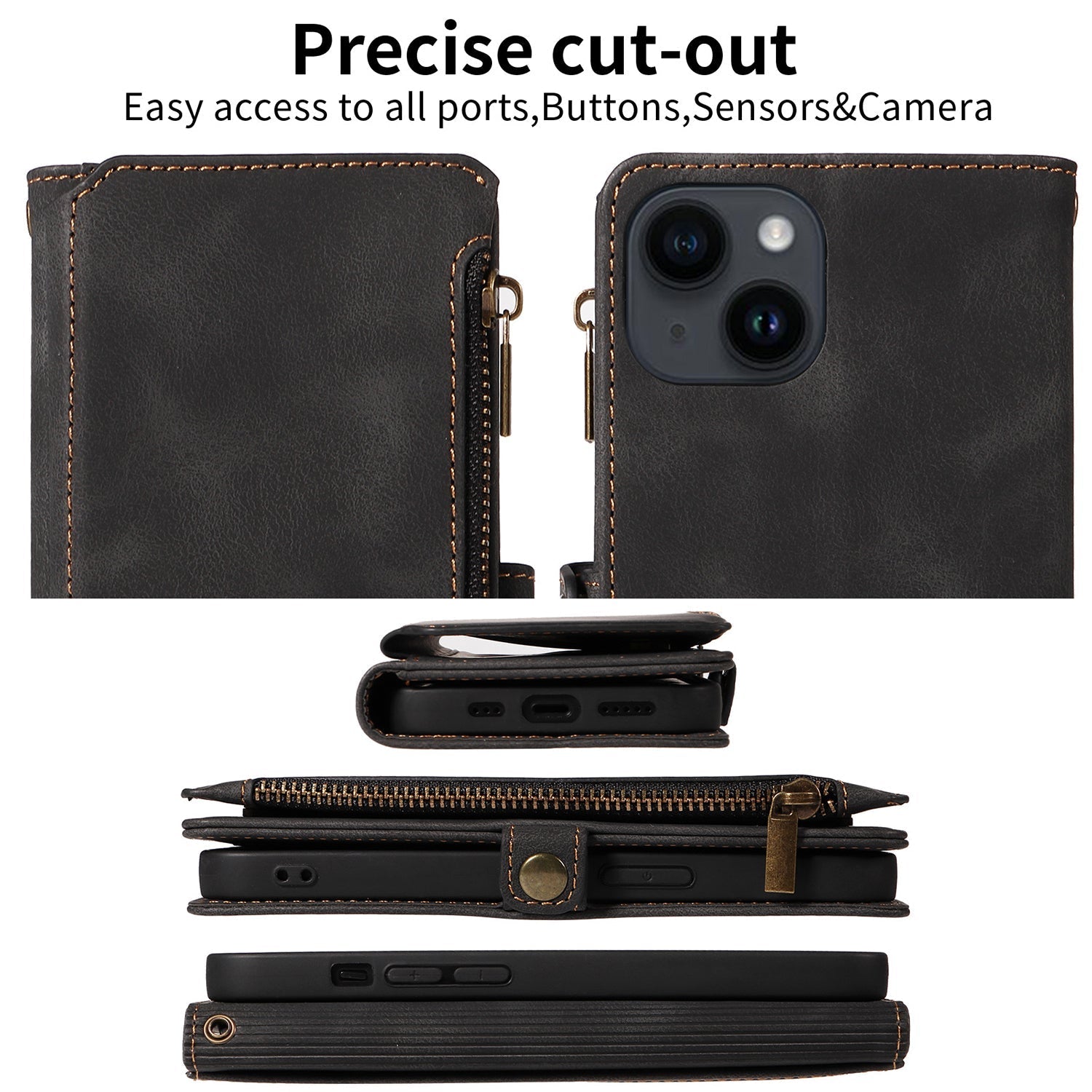iPhone 13 Mini Retro Premium Flip Leather Cover with 9 Card Holder & Zipper Cash Pocket & Wrist Strap