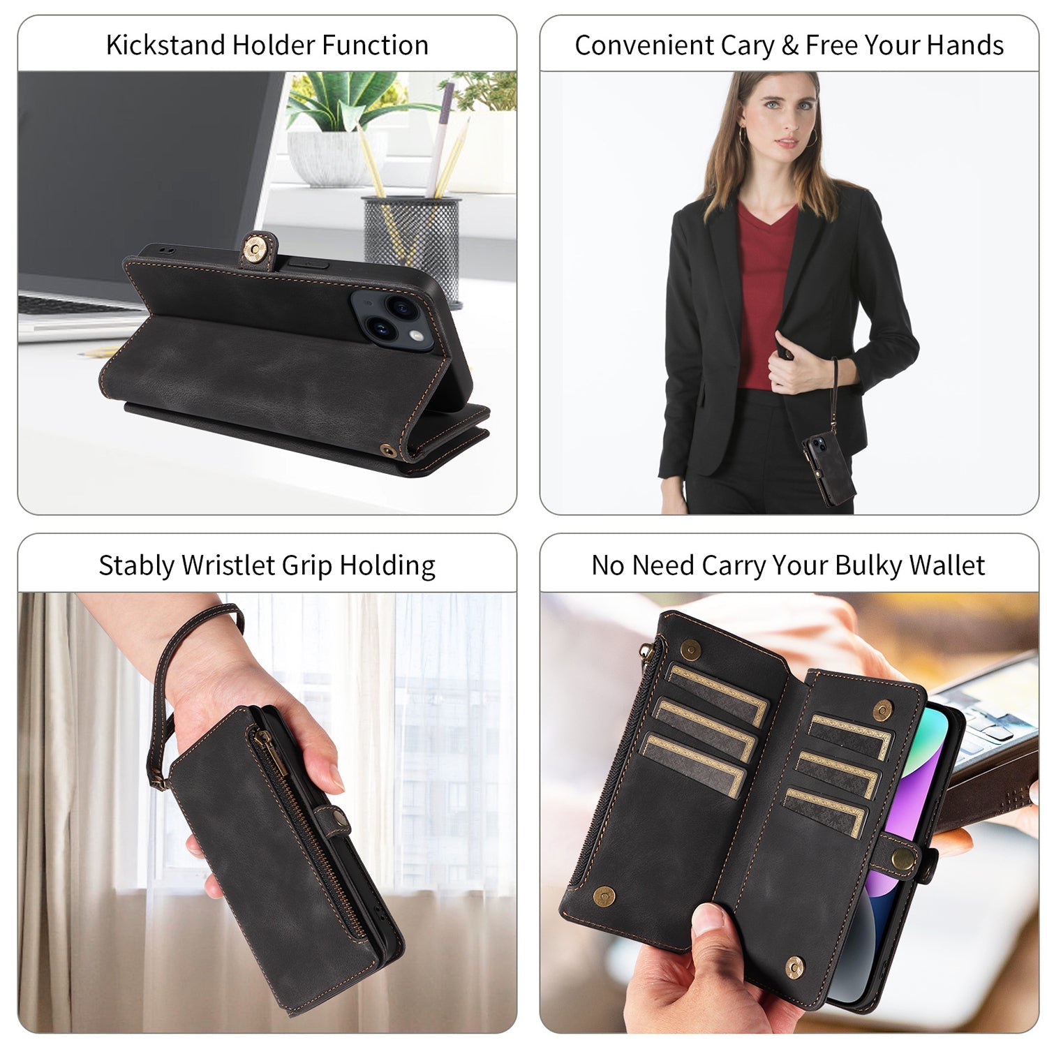iPhone 13/14 Retro Premium Flip Leather Cover with 9 Card Holder & Zipper Cash Pocket & Wrist Strap