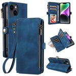 iPhone 13/14 Retro Premium Flip Leather Cover with 9 Card Holder & Zipper Cash Pocket & Wrist Strap