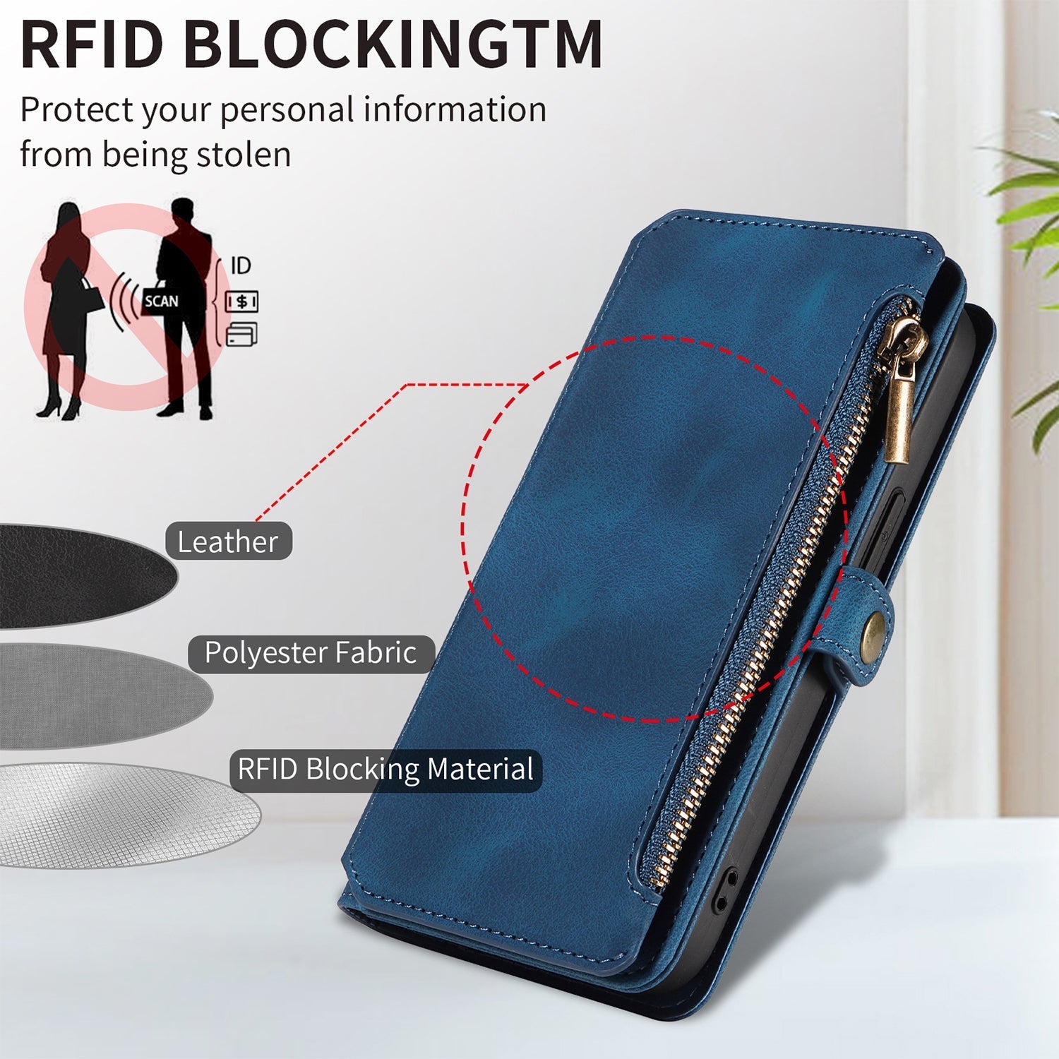 iPhone 13 Mini Retro Premium Flip Leather Cover with 9 Card Holder & Zipper Cash Pocket & Wrist Strap