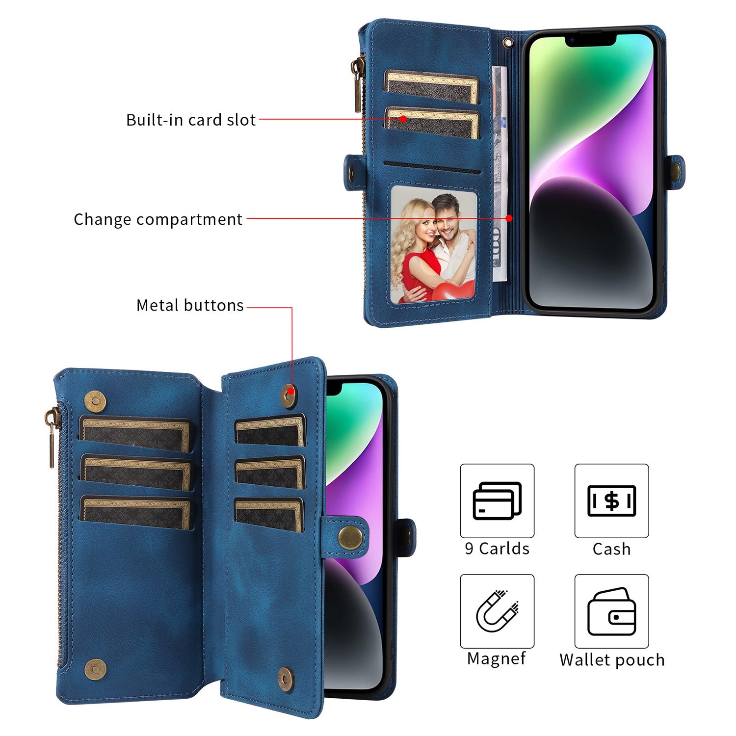 iPhone 13/14 Retro Premium Flip Leather Cover with 9 Card Holder & Zipper Cash Pocket & Wrist Strap