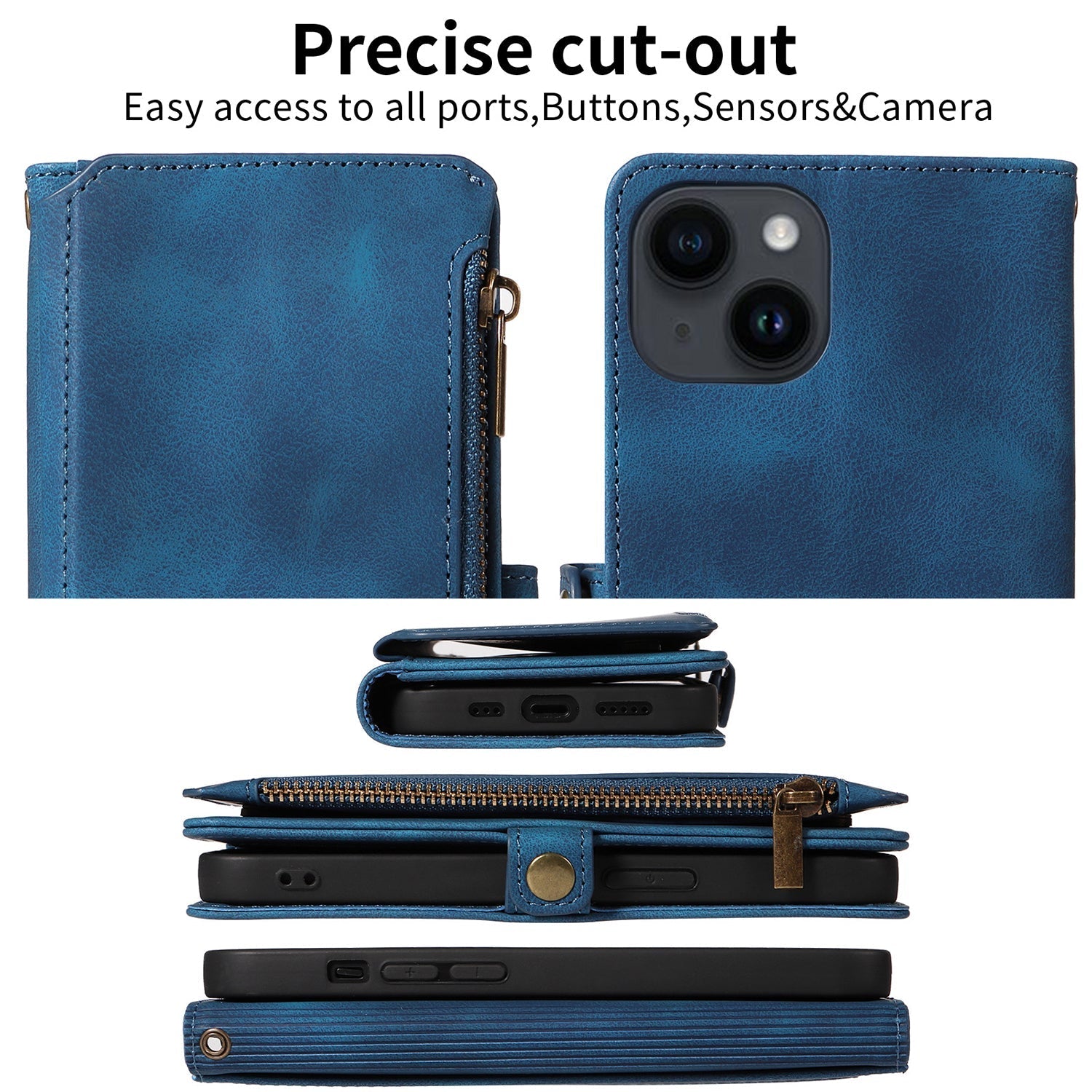 iPhone 13 Mini Retro Premium Flip Leather Cover with 9 Card Holder & Zipper Cash Pocket & Wrist Strap