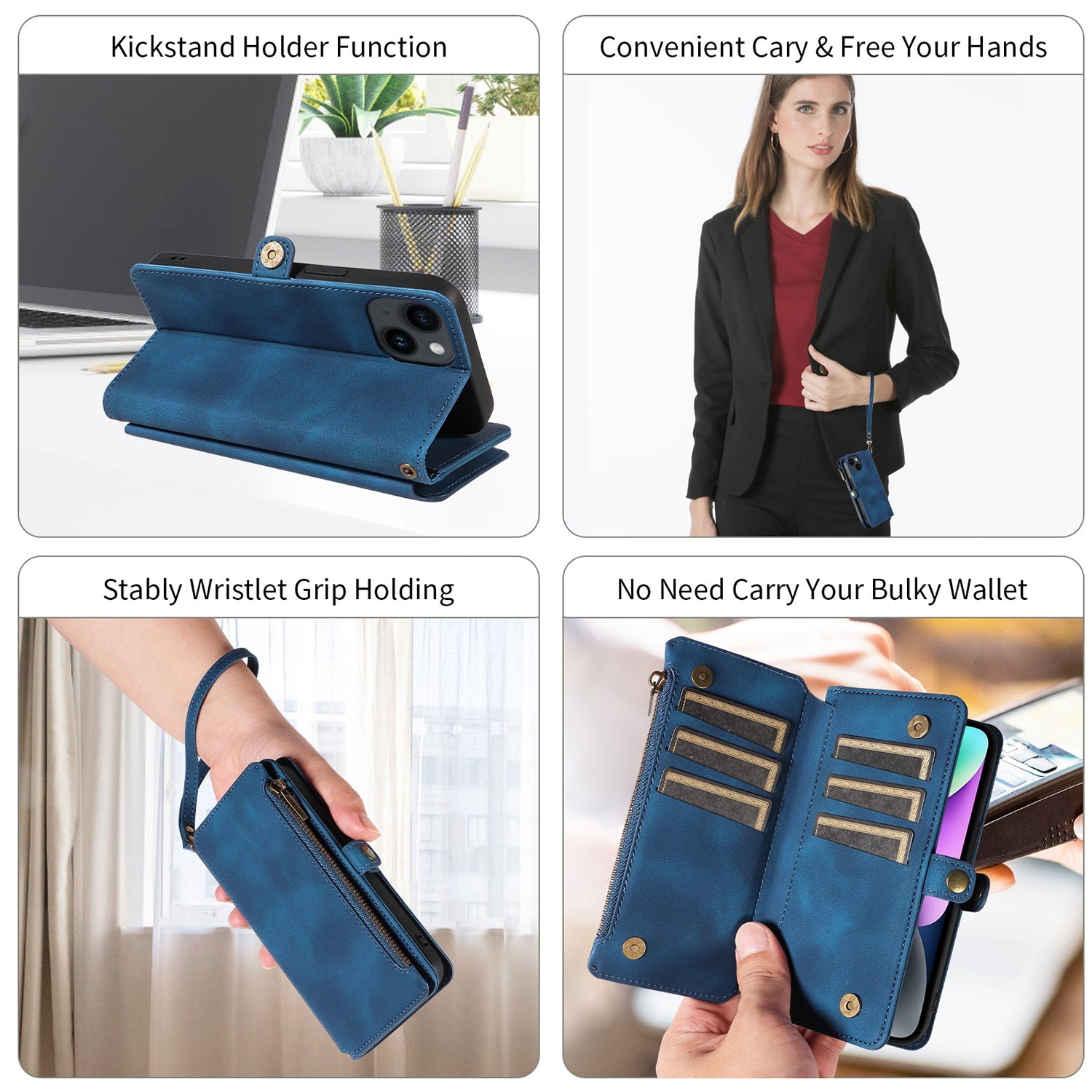 iPhone 13/14 Retro Premium Flip Leather Cover with 9 Card Holder & Zipper Cash Pocket & Wrist Strap