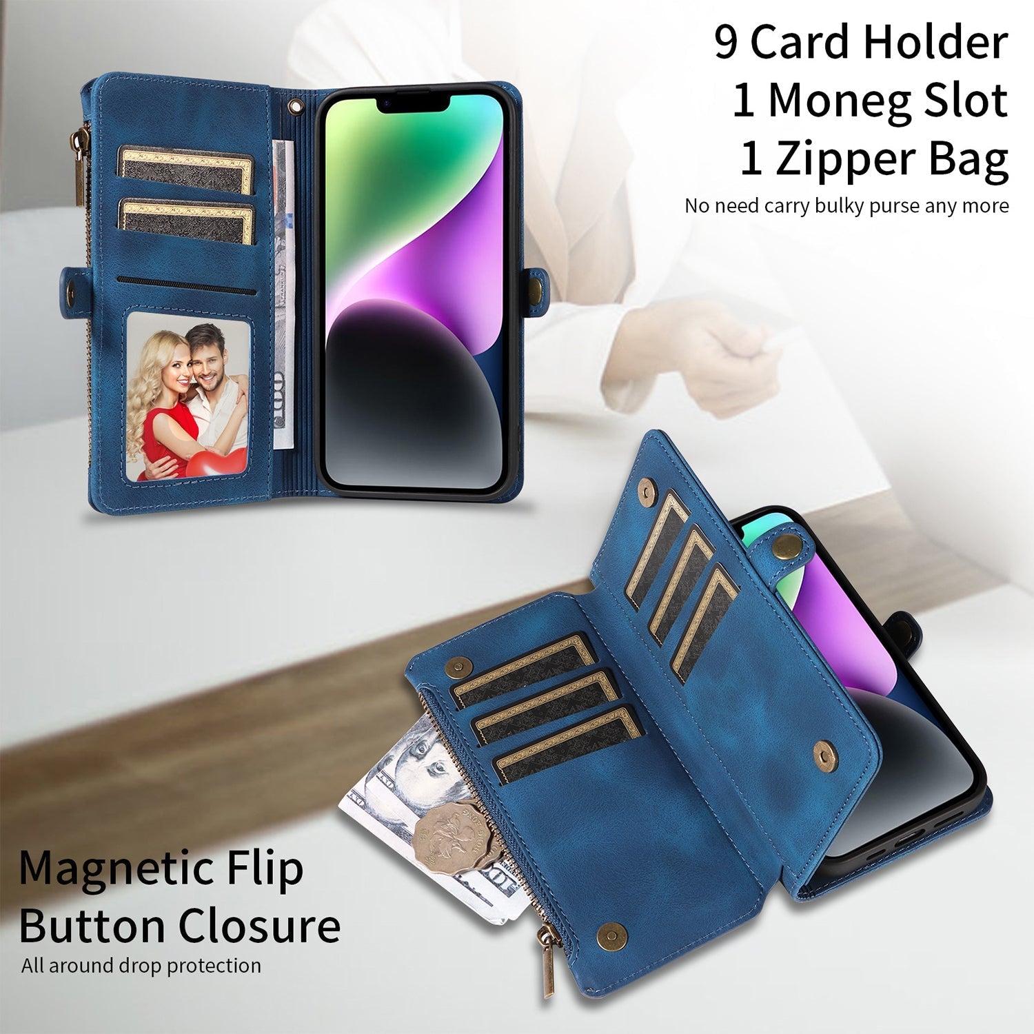 iPhone 13 Mini Retro Premium Flip Leather Cover with 9 Card Holder & Zipper Cash Pocket & Wrist Strap
