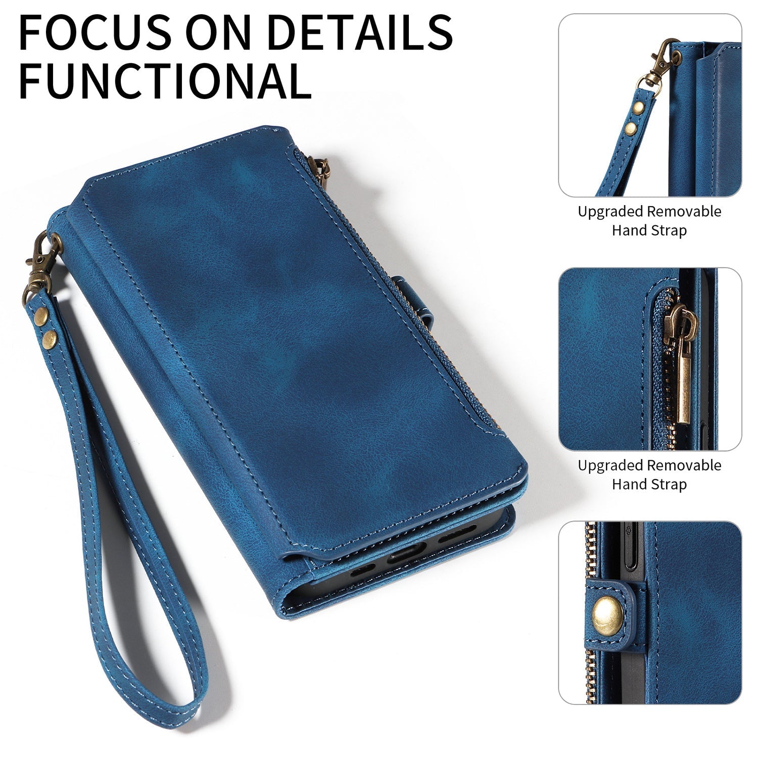 iPhone 13 Mini Retro Premium Flip Leather Cover with 9 Card Holder & Zipper Cash Pocket & Wrist Strap