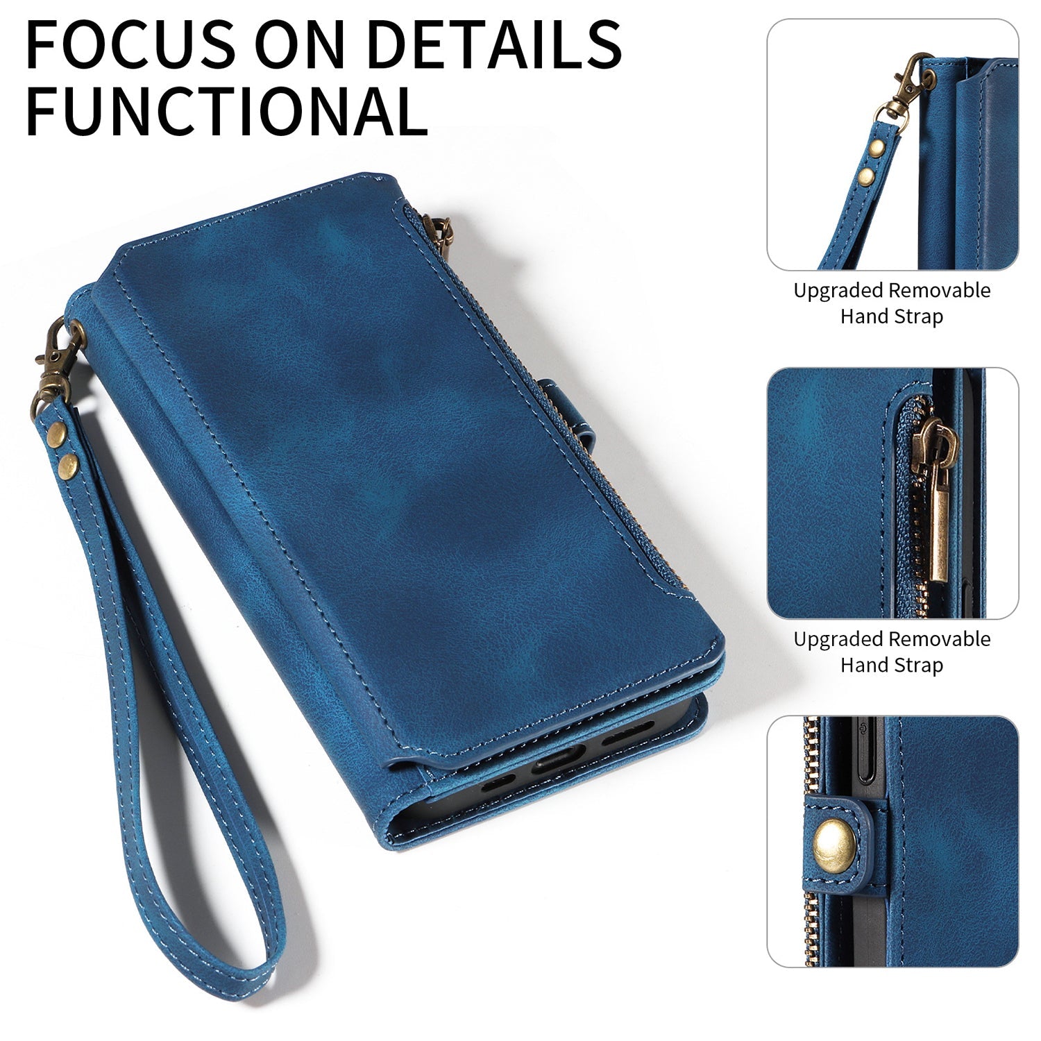 iPhone 13/14 Retro Premium Flip Leather Cover with 9 Card Holder & Zipper Cash Pocket & Wrist Strap