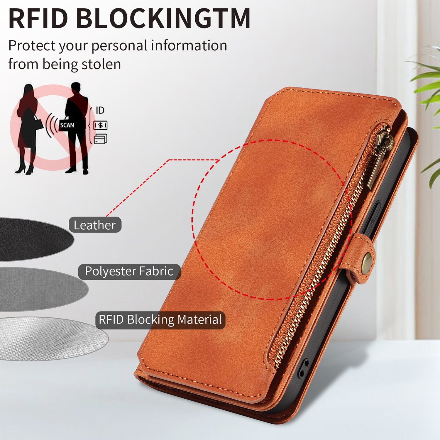 iPhone 13/14 Retro Premium Flip Leather Cover with 9 Card Holder & Zipper Cash Pocket & Wrist Strap
