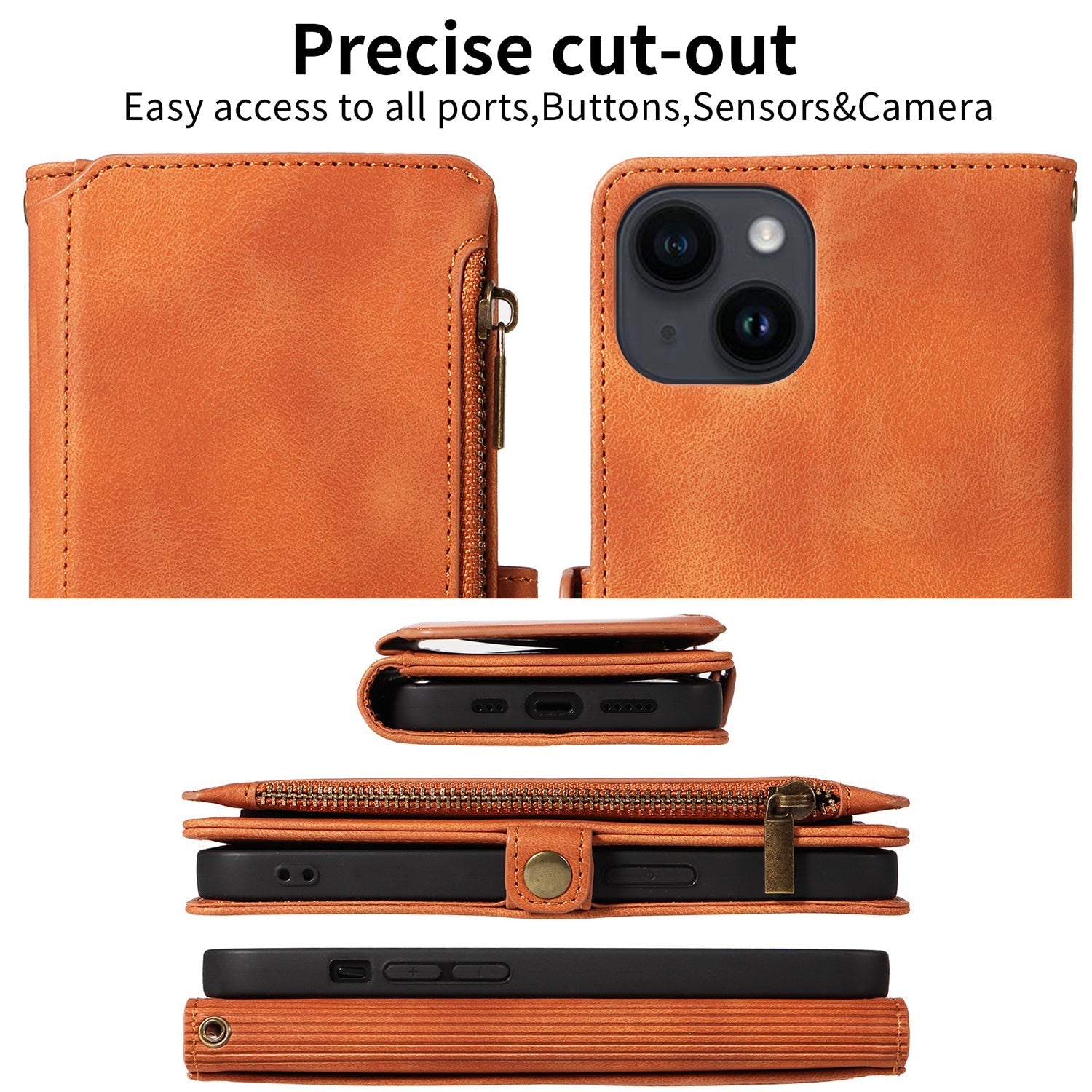 iPhone 13 Mini Retro Premium Flip Leather Cover with 9 Card Holder & Zipper Cash Pocket & Wrist Strap