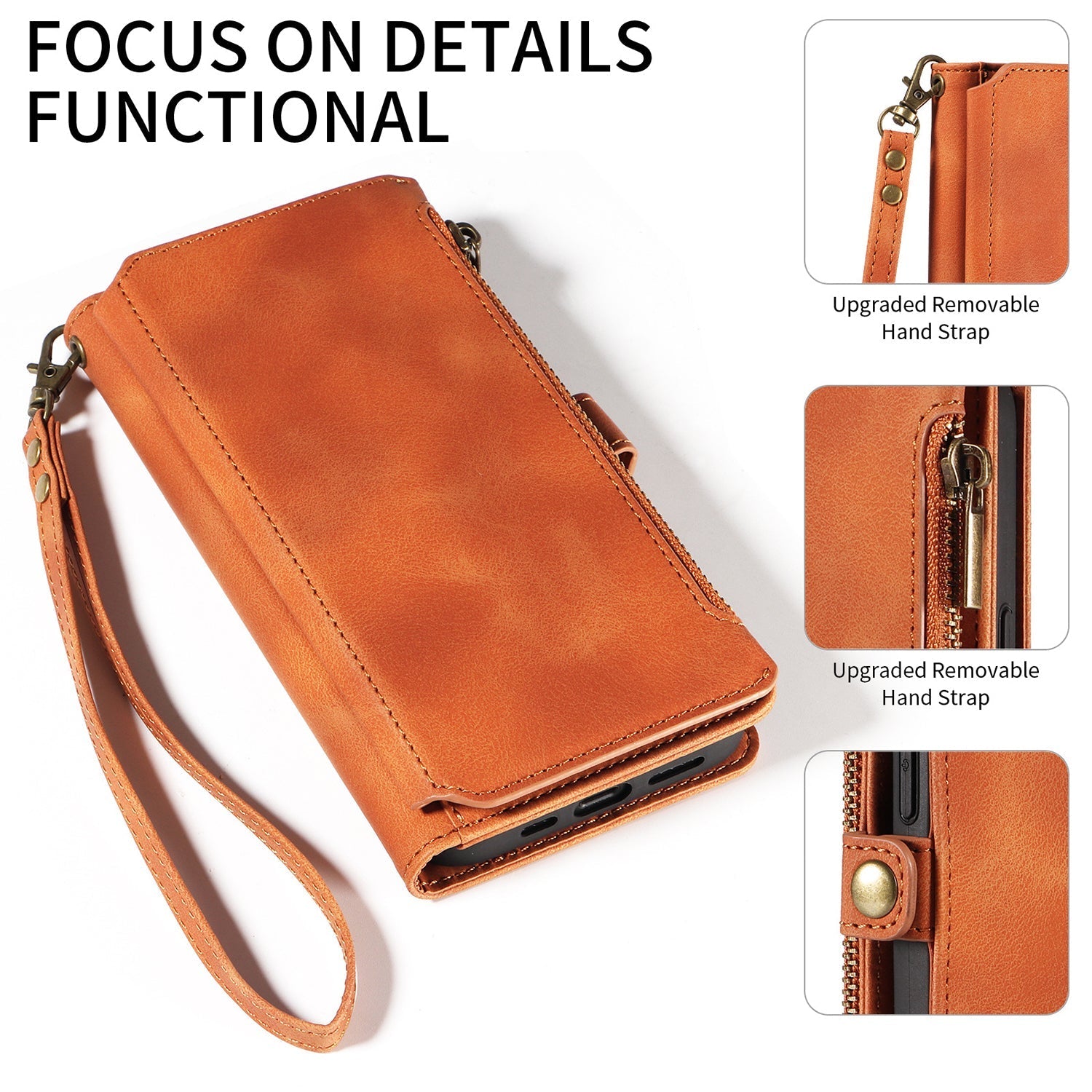 iPhone 13 Mini Retro Premium Flip Leather Cover with 9 Card Holder & Zipper Cash Pocket & Wrist Strap