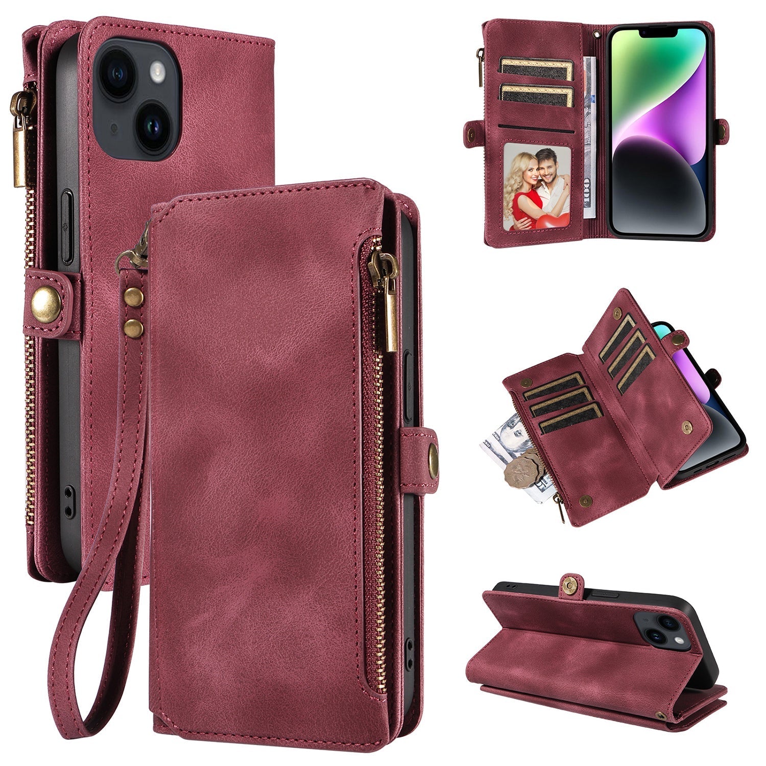 iPhone 13 Mini Retro Premium Flip Leather Cover with 9 Card Holder & Zipper Cash Pocket & Wrist Strap