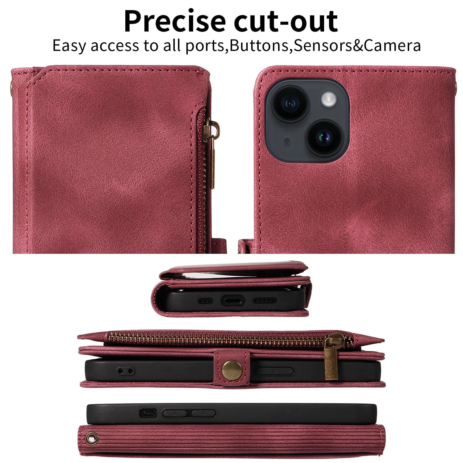 iPhone 13 Mini Retro Premium Flip Leather Cover with 9 Card Holder & Zipper Cash Pocket & Wrist Strap