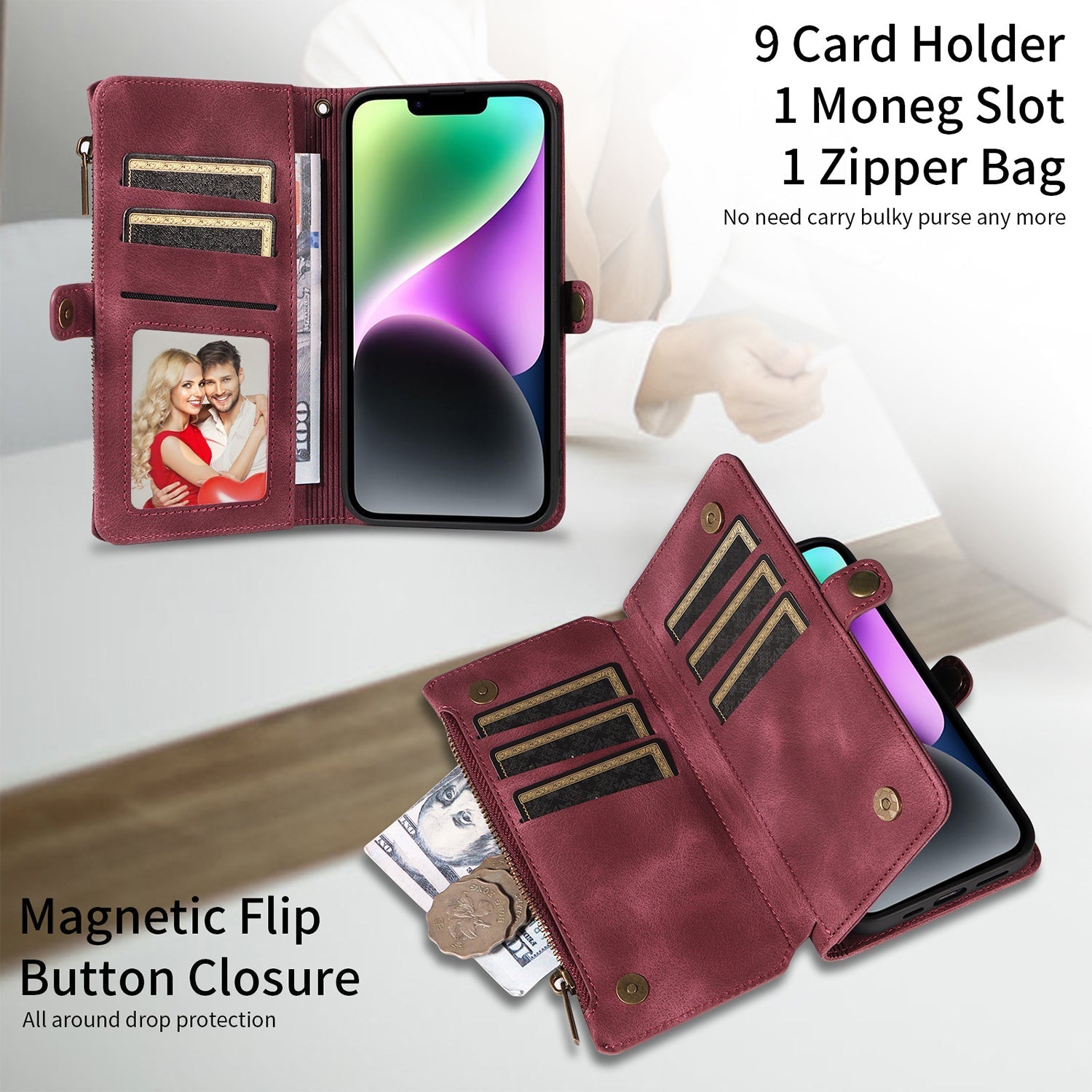 iPhone 13 Mini Retro Premium Flip Leather Cover with 9 Card Holder & Zipper Cash Pocket & Wrist Strap