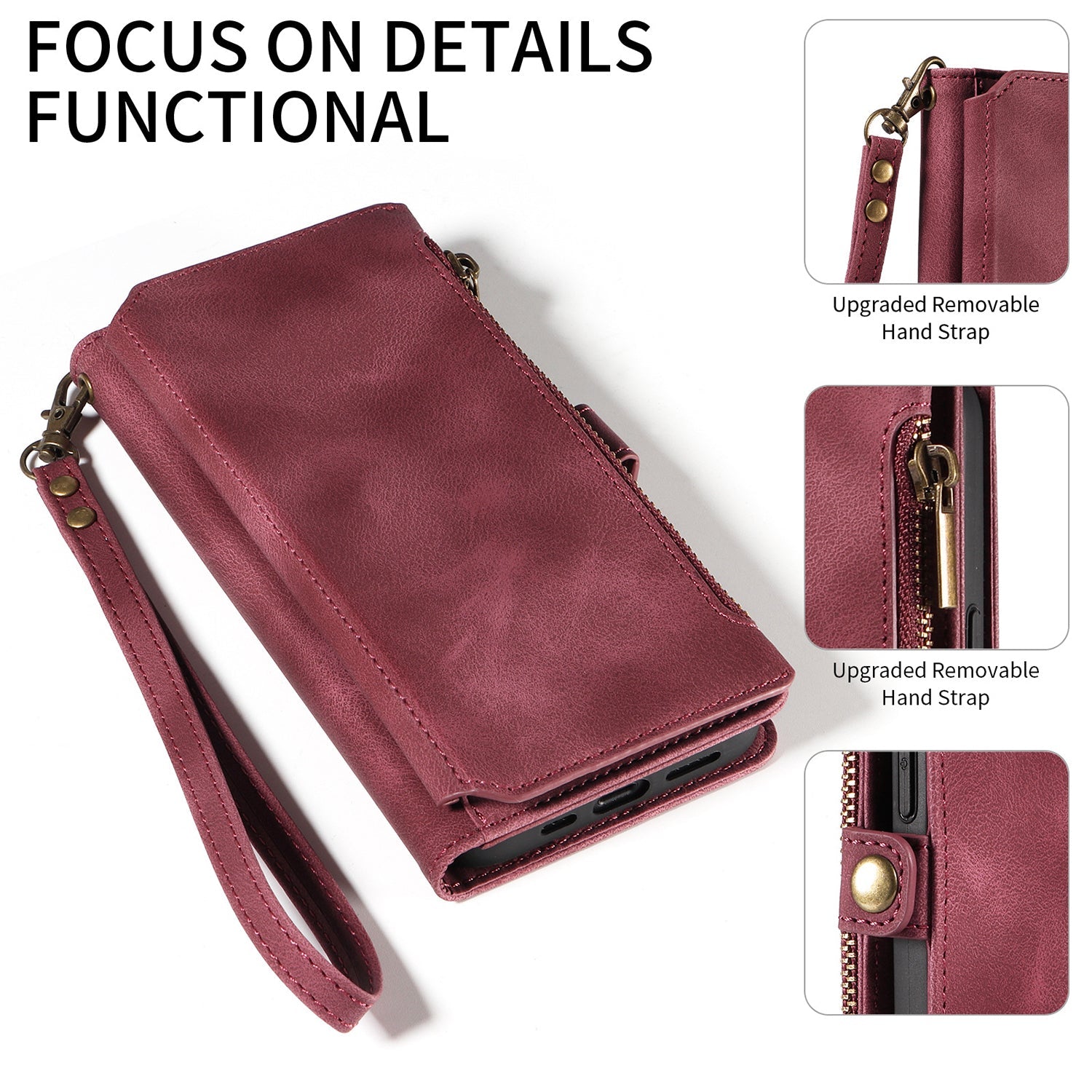 iPhone 13/14 Retro Premium Flip Leather Cover with 9 Card Holder & Zipper Cash Pocket & Wrist Strap