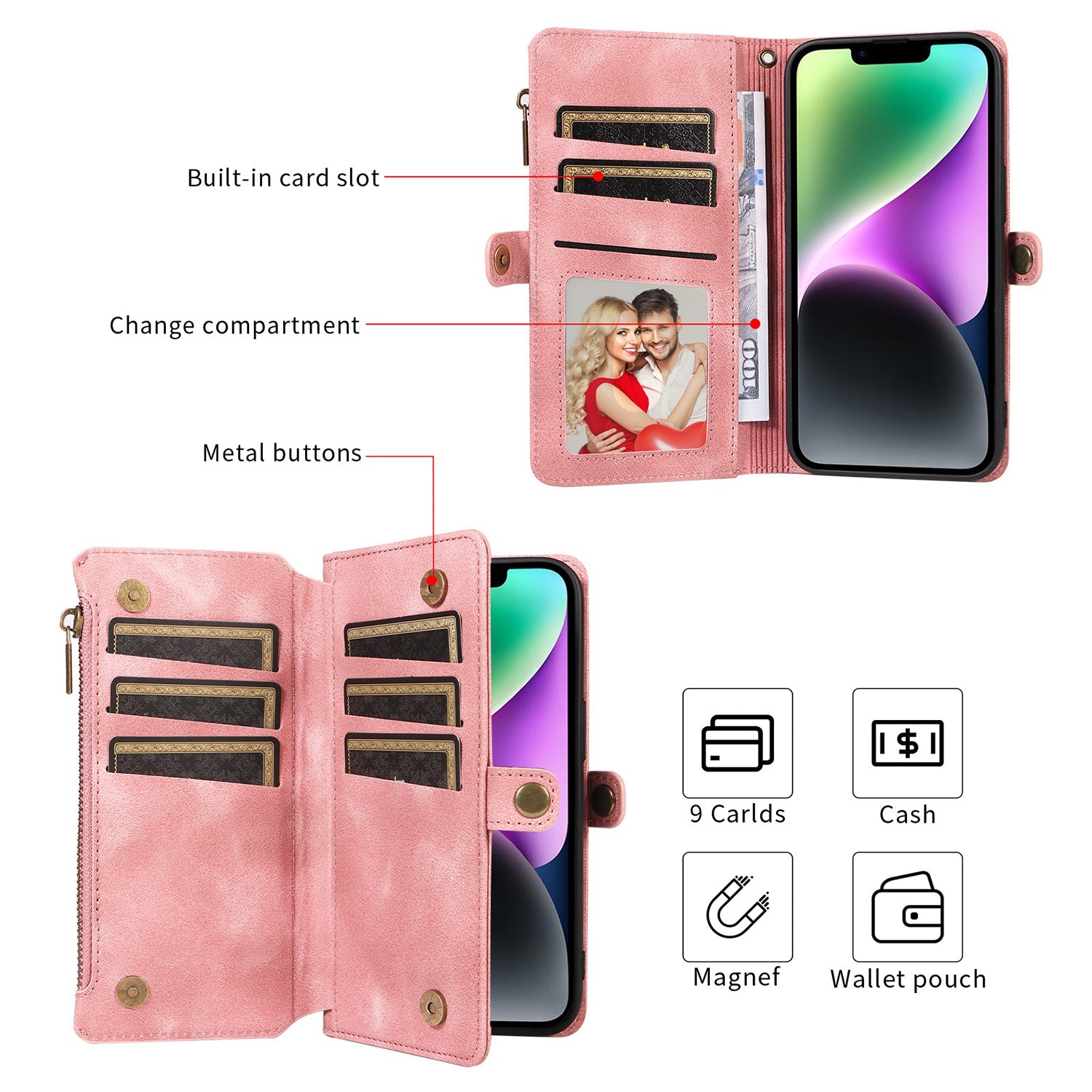 iPhone 13/14 Retro Premium Flip Leather Cover with 9 Card Holder & Zipper Cash Pocket & Wrist Strap