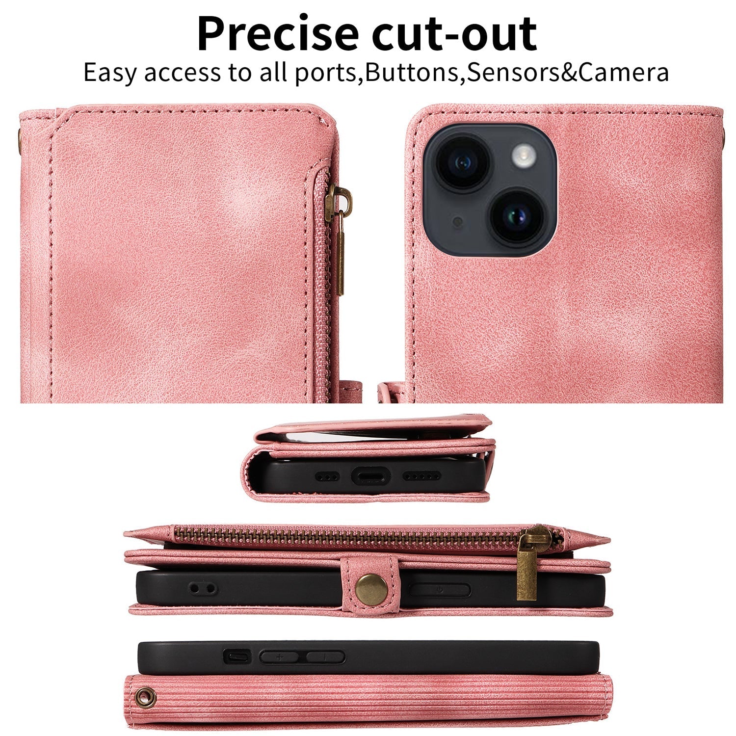 iPhone 13 Mini Retro Premium Flip Leather Cover with 9 Card Holder & Zipper Cash Pocket & Wrist Strap