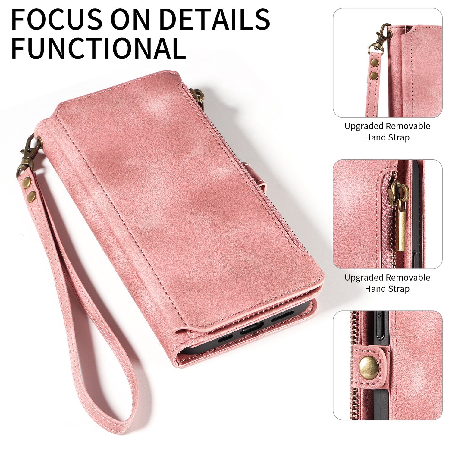 iPhone 13/14 Retro Premium Flip Leather Cover with 9 Card Holder & Zipper Cash Pocket & Wrist Strap