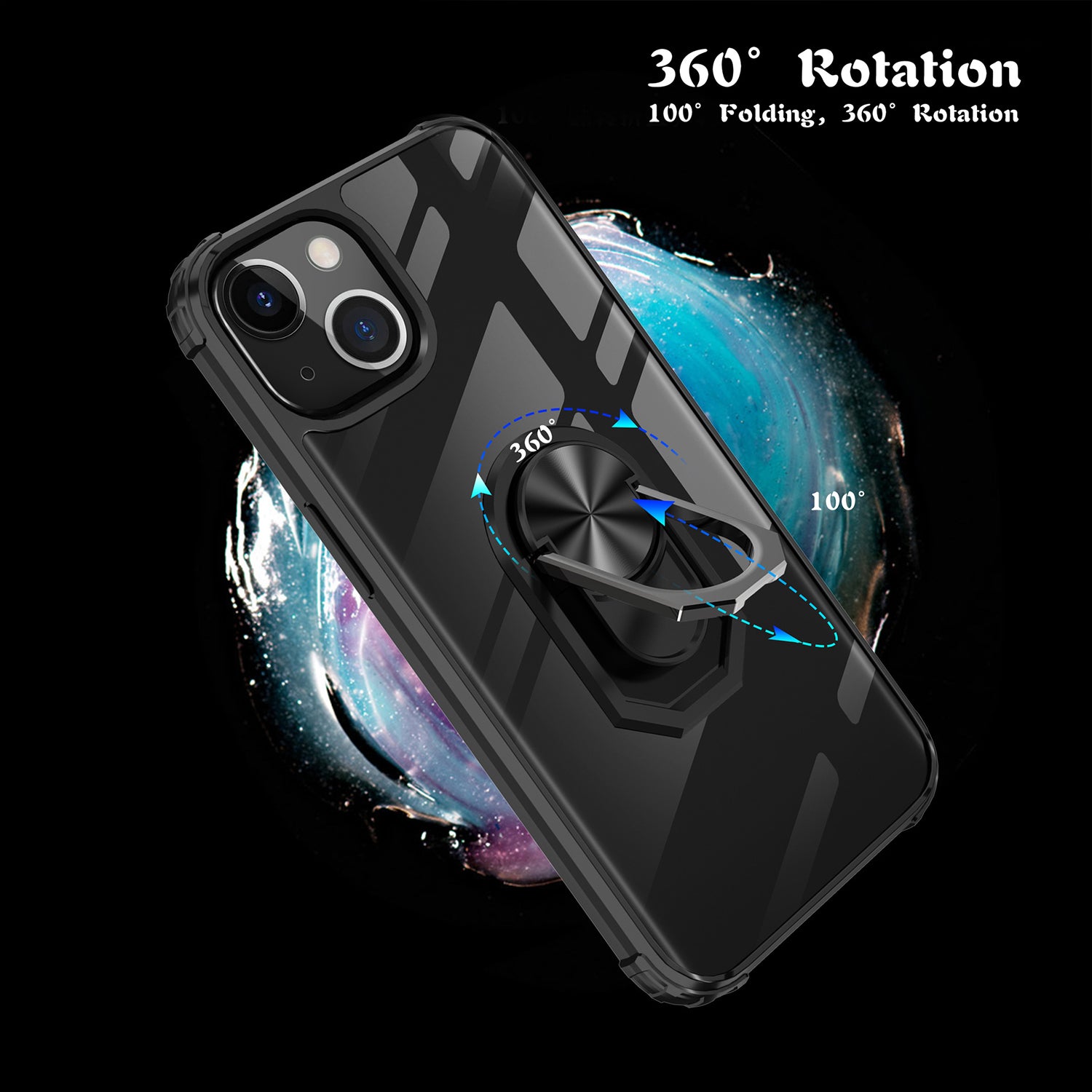 iPhone 14/13 (6.1 ")Transparent Acrylic with ring magnetic car mount Phone holder case-Black
