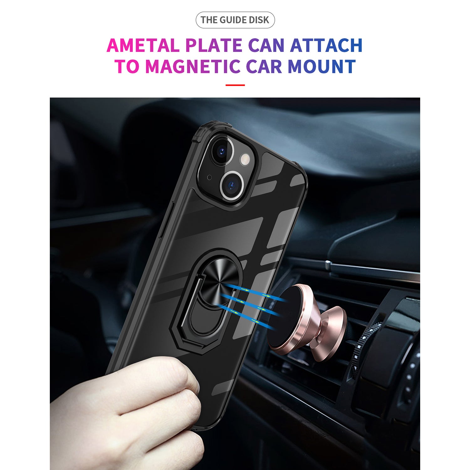 iPhone 14/13 (6.1 ")Transparent Acrylic with ring magnetic car mount Phone holder case-Black
