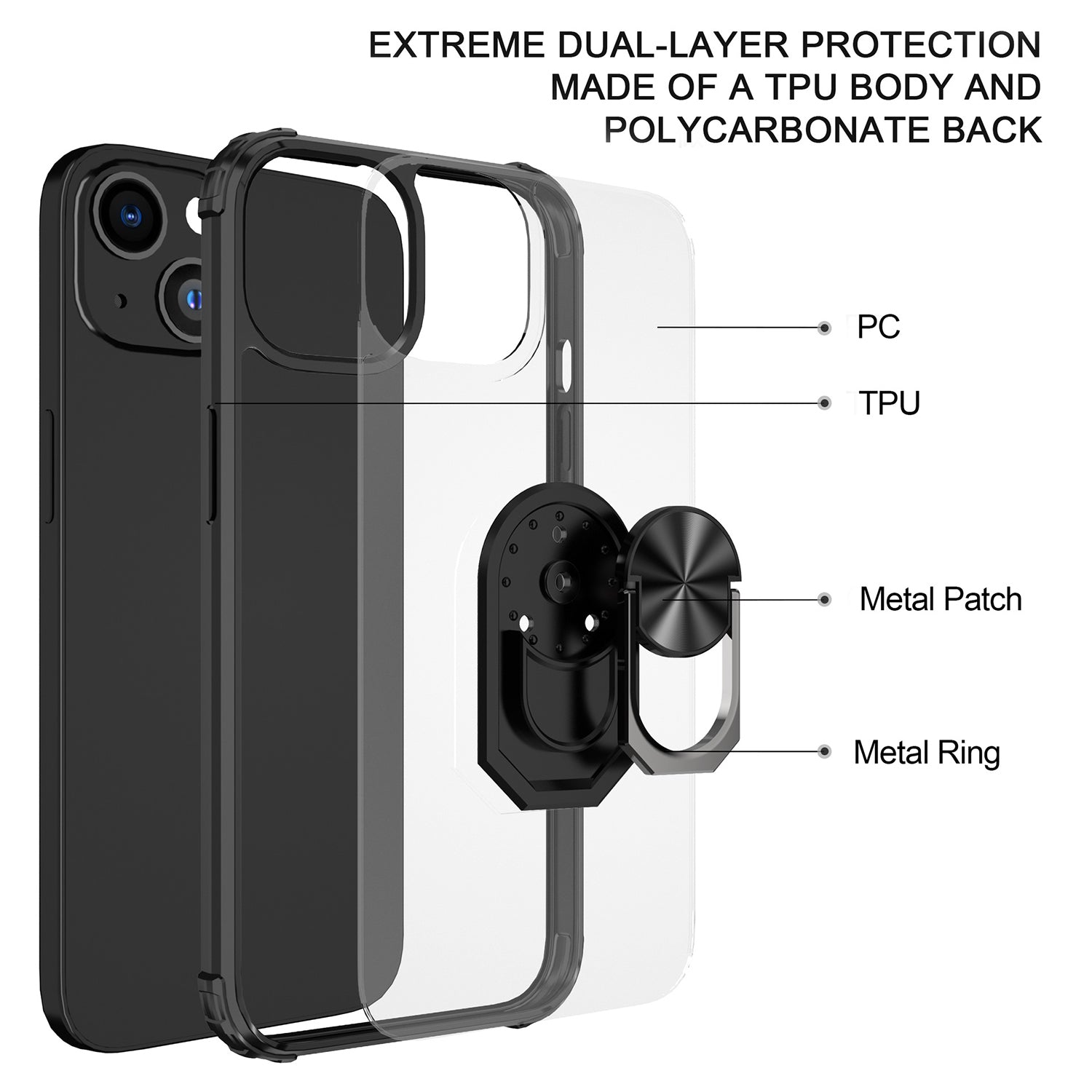 iPhone 14/13 (6.1 ")Transparent Acrylic with ring magnetic car mount Phone holder case-Black