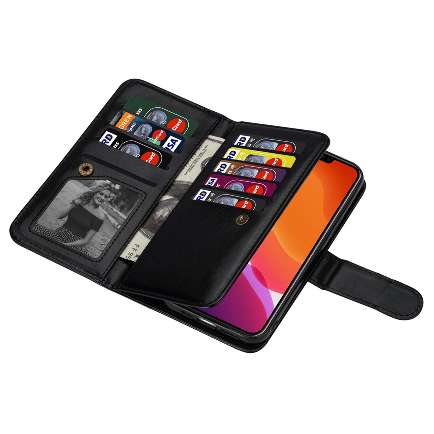 iPhone 13 Pro Max 2 in 1 Leather Wallet Case With 9 Credit Card Slots and Removable Back Cover 