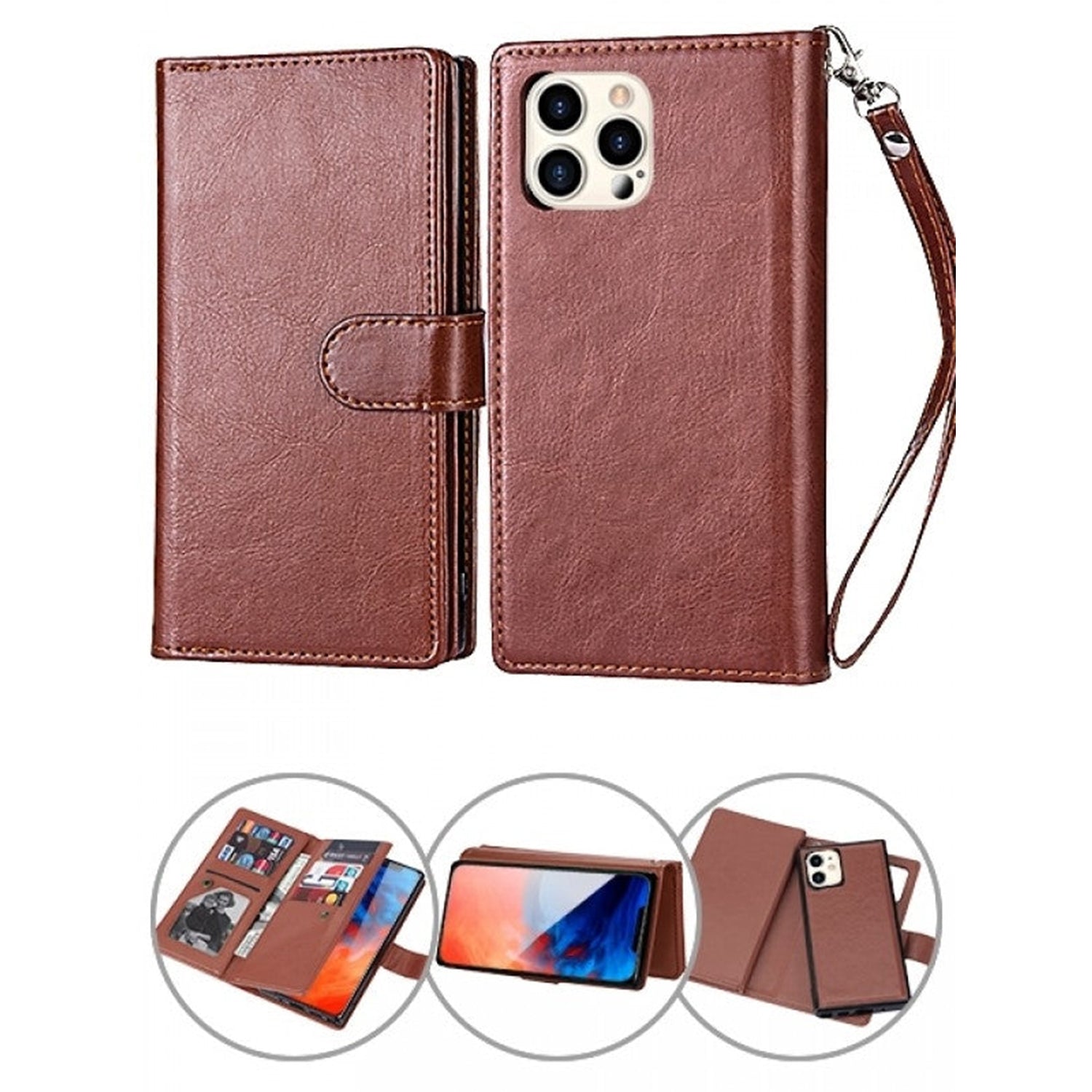 iPhone 13 Pro Max 2 in 1 Leather Wallet Case With 9 Credit Card Slots and Removable Back Cover 