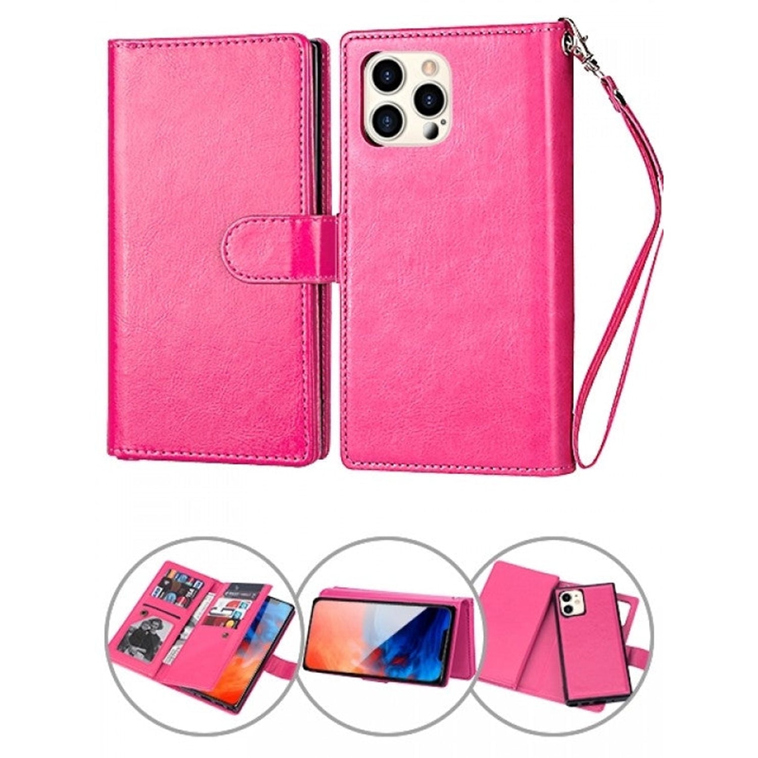 iPhone 13 Pro Max 2 in 1 Leather Wallet Case With 9 Credit Card Slots and Removable Back Cover 