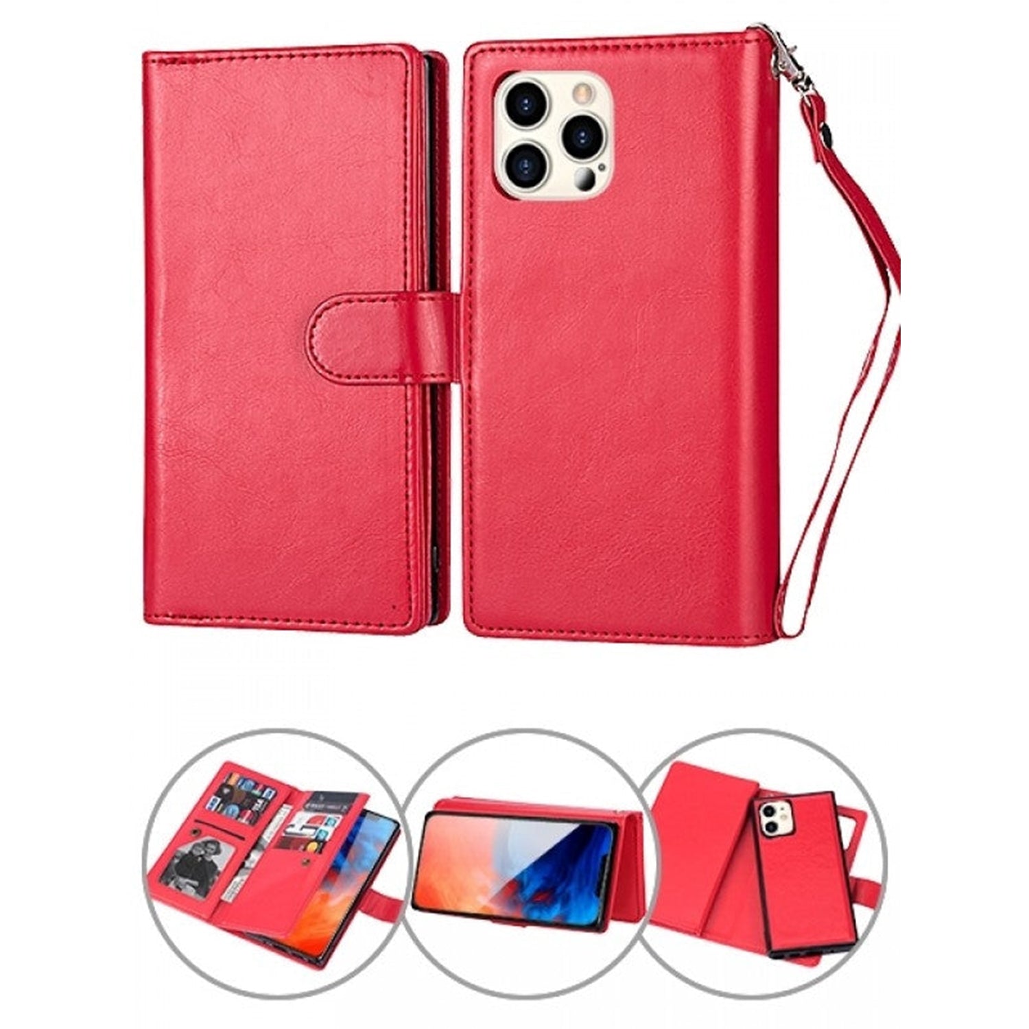 iPhone 13 Pro Max 2 in 1 Leather Wallet Case With 9 Credit Card Slots and Removable Back Cover 