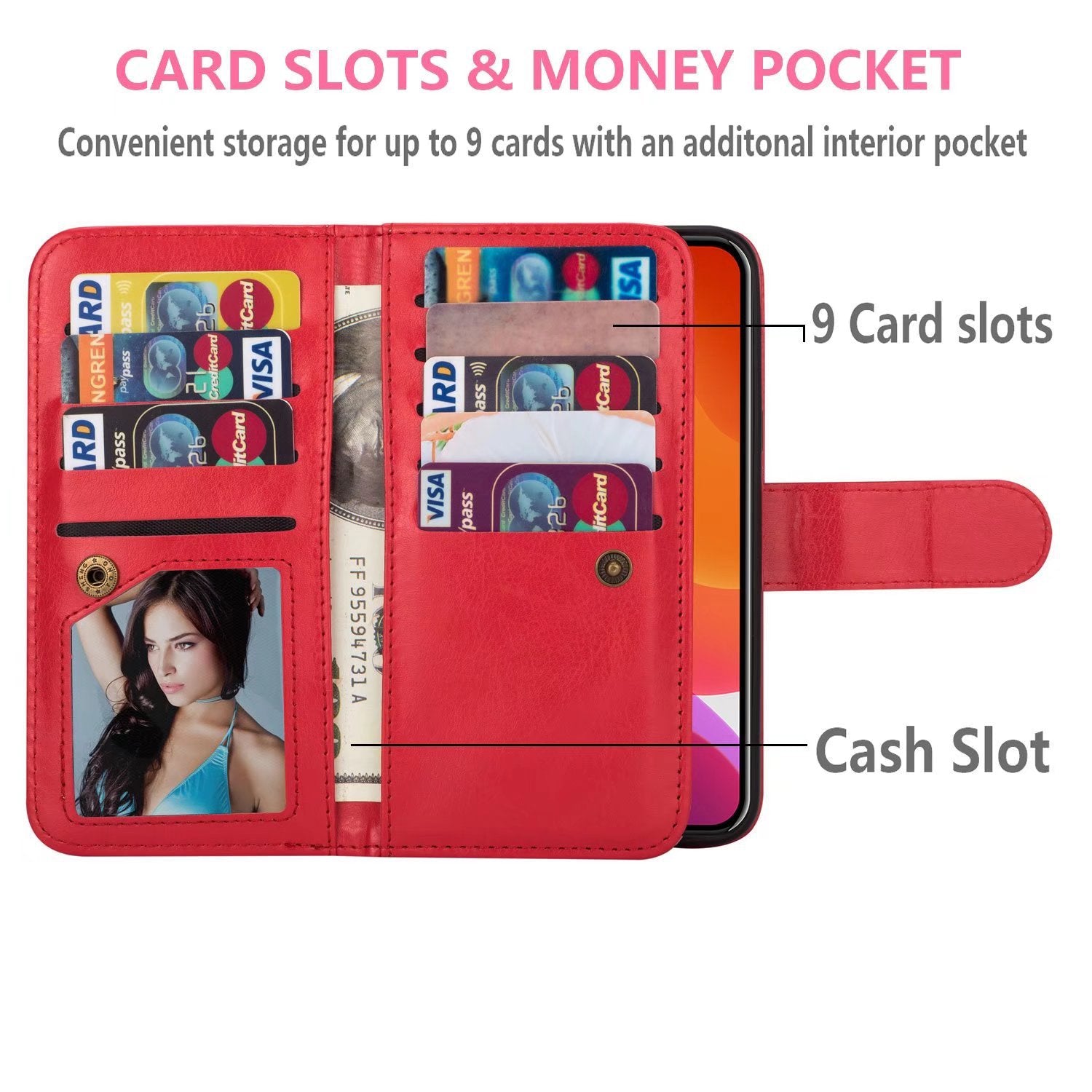 iPhone 13 Pro Max 2 in 1 Leather Wallet Case With 9 Credit Card Slots and Removable Back Cover 
