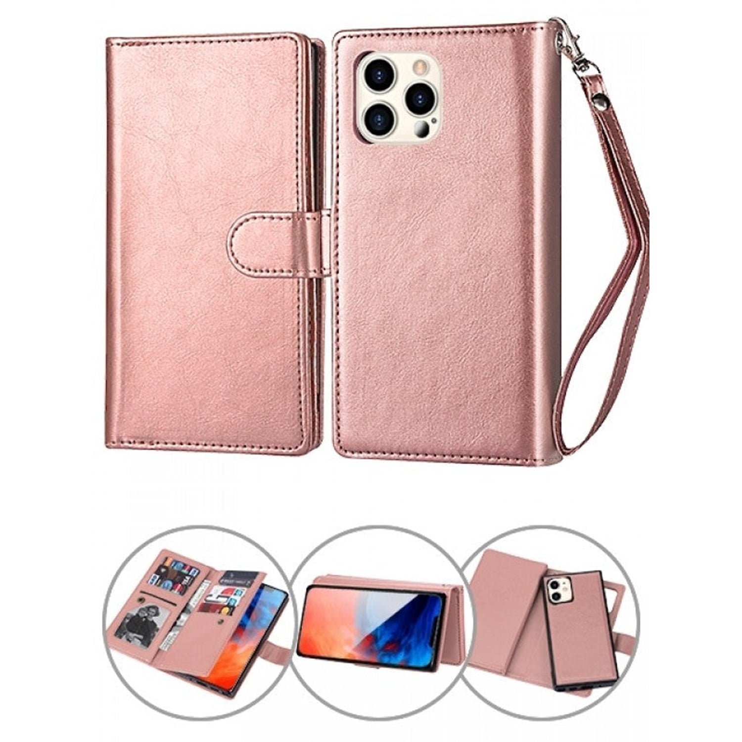iPhone 13 Pro Max 2 in 1 Leather Wallet Case With 9 Credit Card Slots and Removable Back Cover 