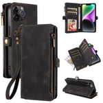 iPhone 13 Pro Max Retro Premium Flip Leather Cover with 9 Card Holder & Zipper Cash Pocket & Wrist Strap