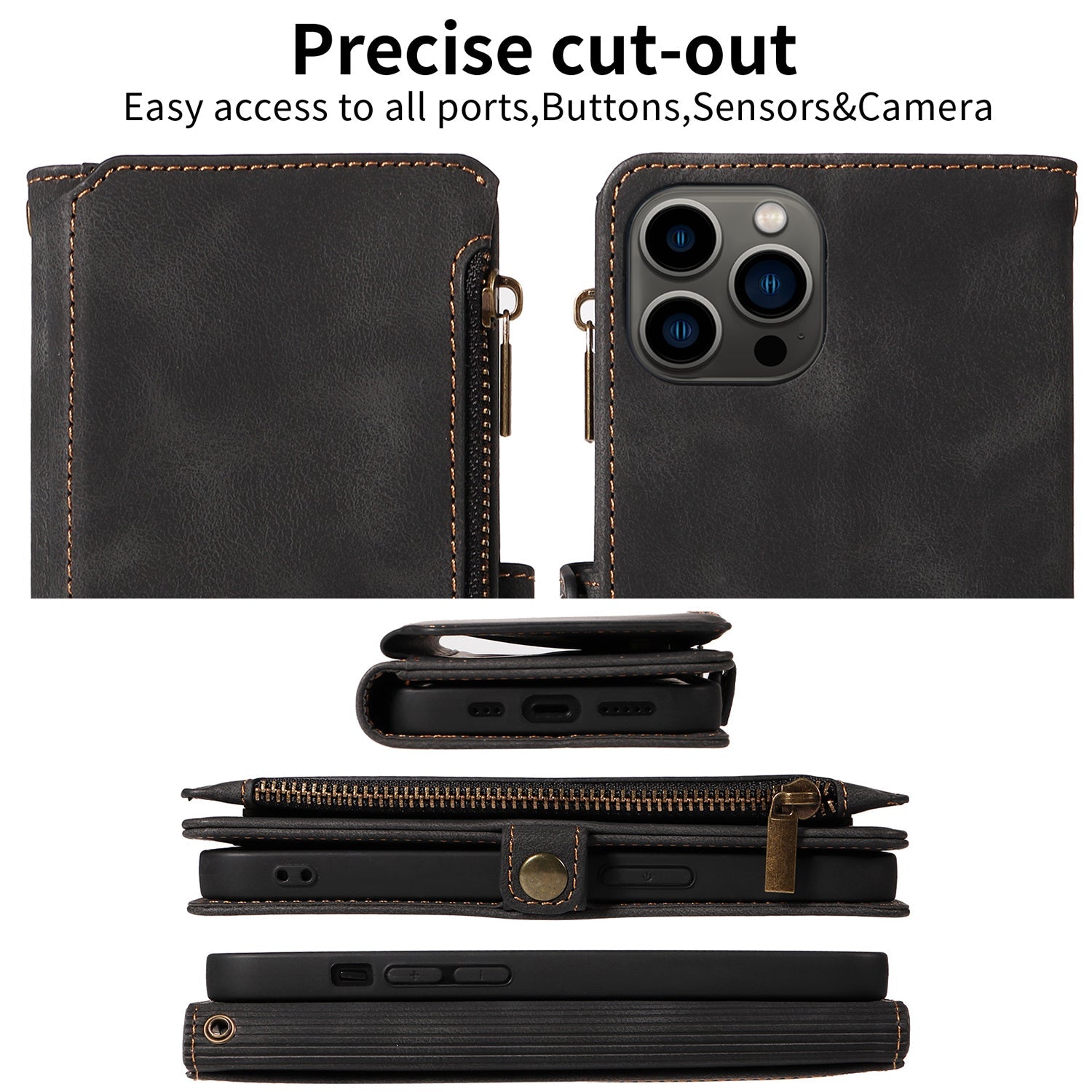 iPhone 13 Pro Retro Premium Flip Leather Cover with 9 Card Holder & Zipper Cash Pocket & Wrist Strap