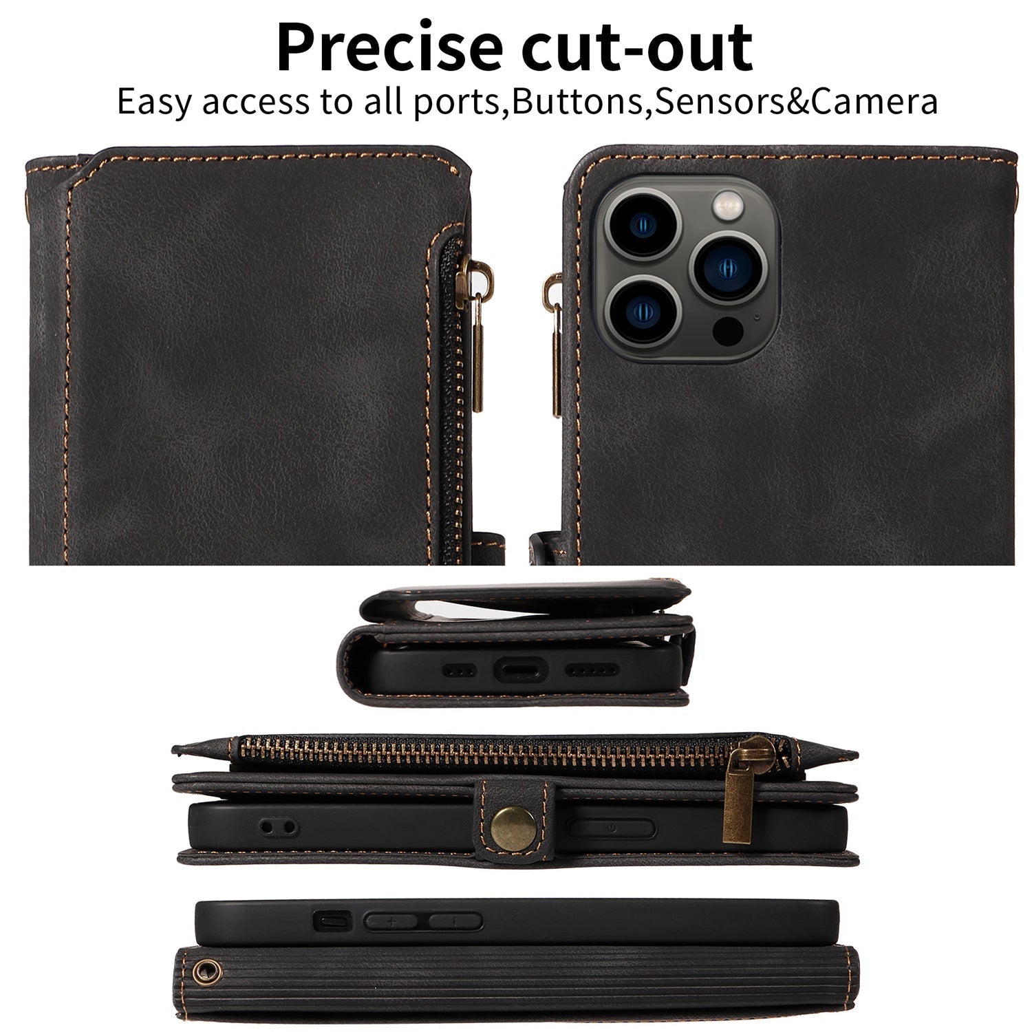 iPhone 13 Pro Max Retro Premium Flip Leather Cover with 9 Card Holder & Zipper Cash Pocket & Wrist Strap