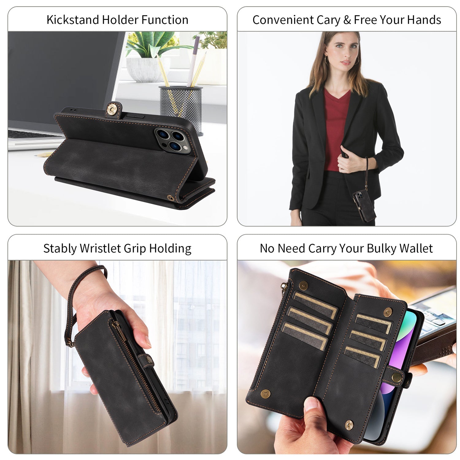 iPhone 13 Pro Retro Premium Flip Leather Cover with 9 Card Holder & Zipper Cash Pocket & Wrist Strap