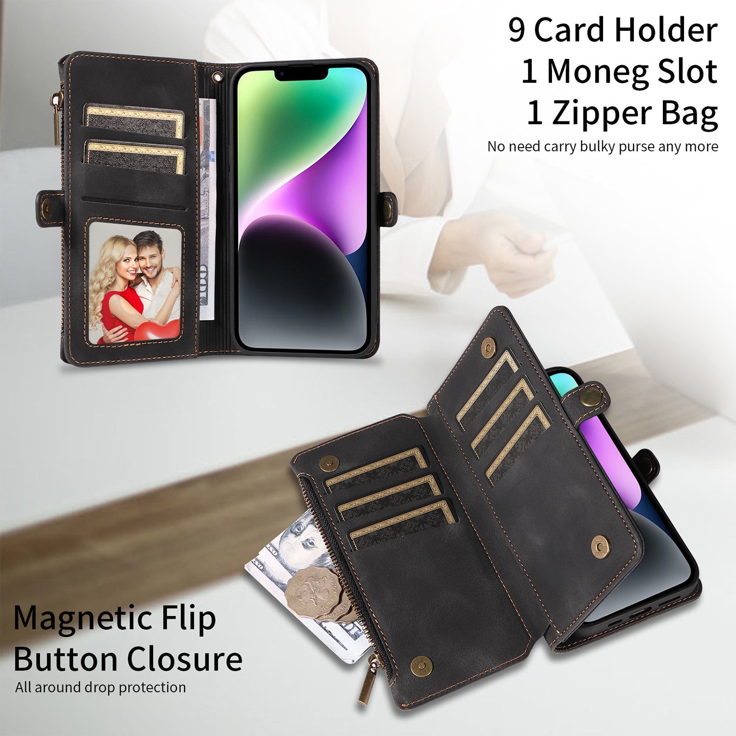 iPhone 13 Pro Retro Premium Flip Leather Cover with 9 Card Holder & Zipper Cash Pocket & Wrist Strap
