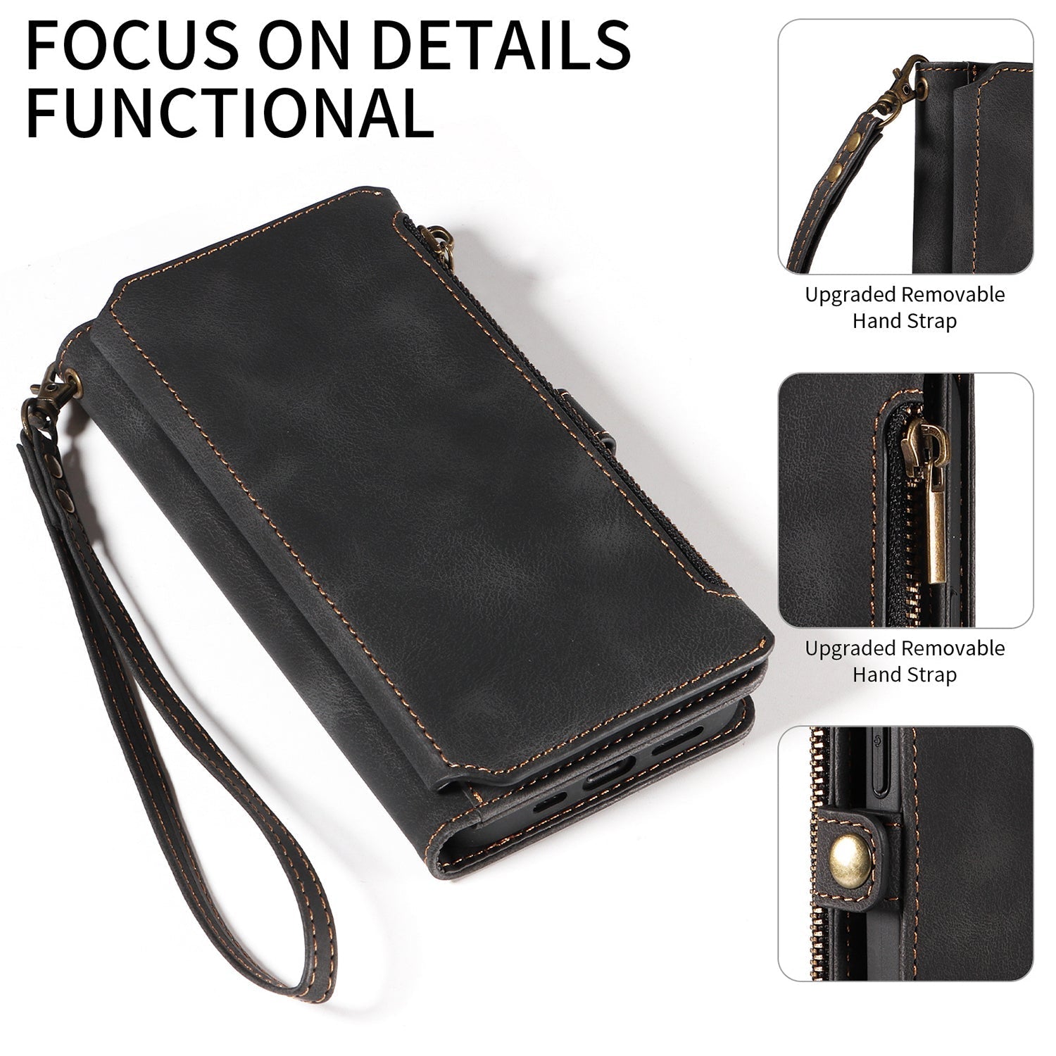 iPhone 13 Pro Max Retro Premium Flip Leather Cover with 9 Card Holder & Zipper Cash Pocket & Wrist Strap