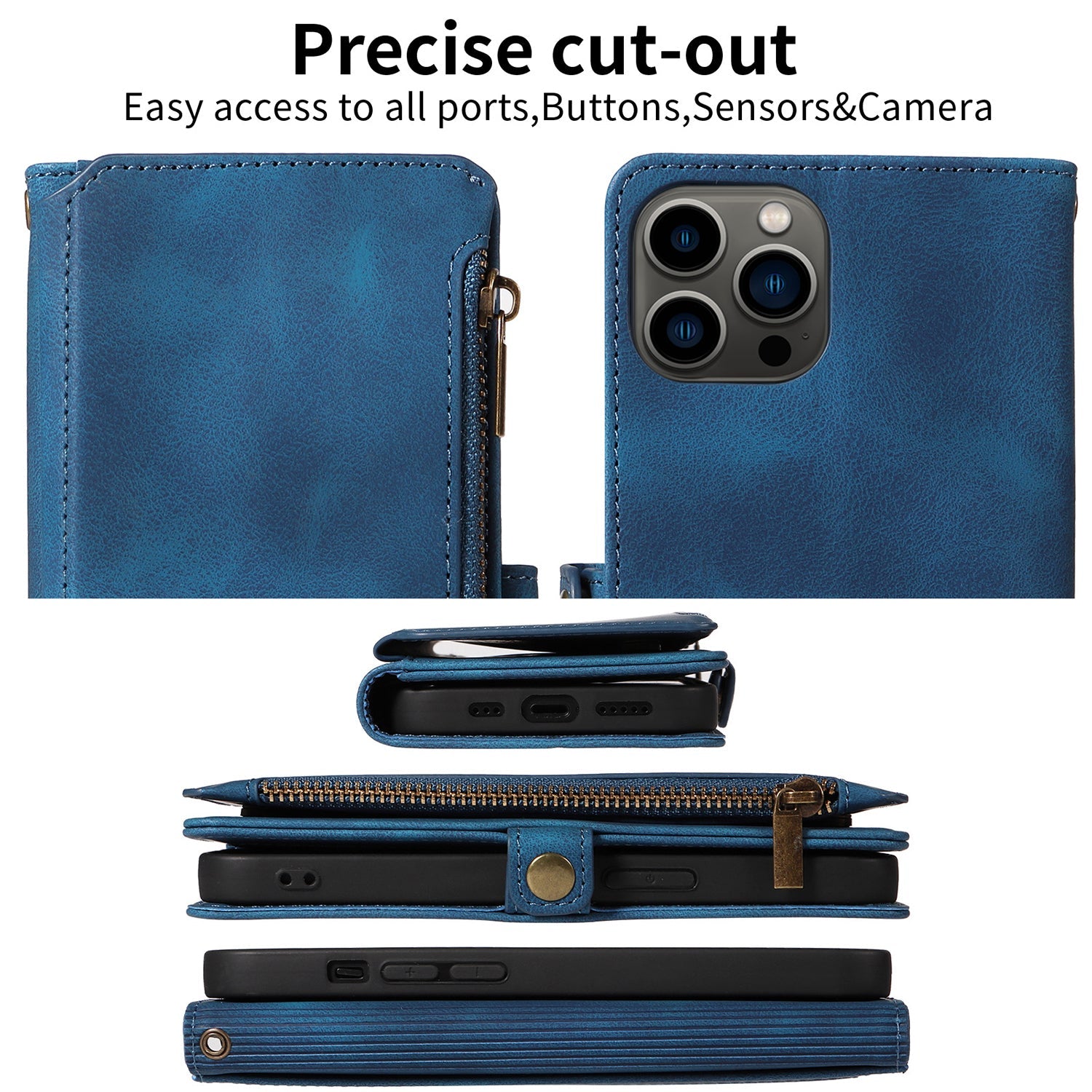 iPhone 13 Pro Retro Premium Flip Leather Cover with 9 Card Holder & Zipper Cash Pocket & Wrist Strap