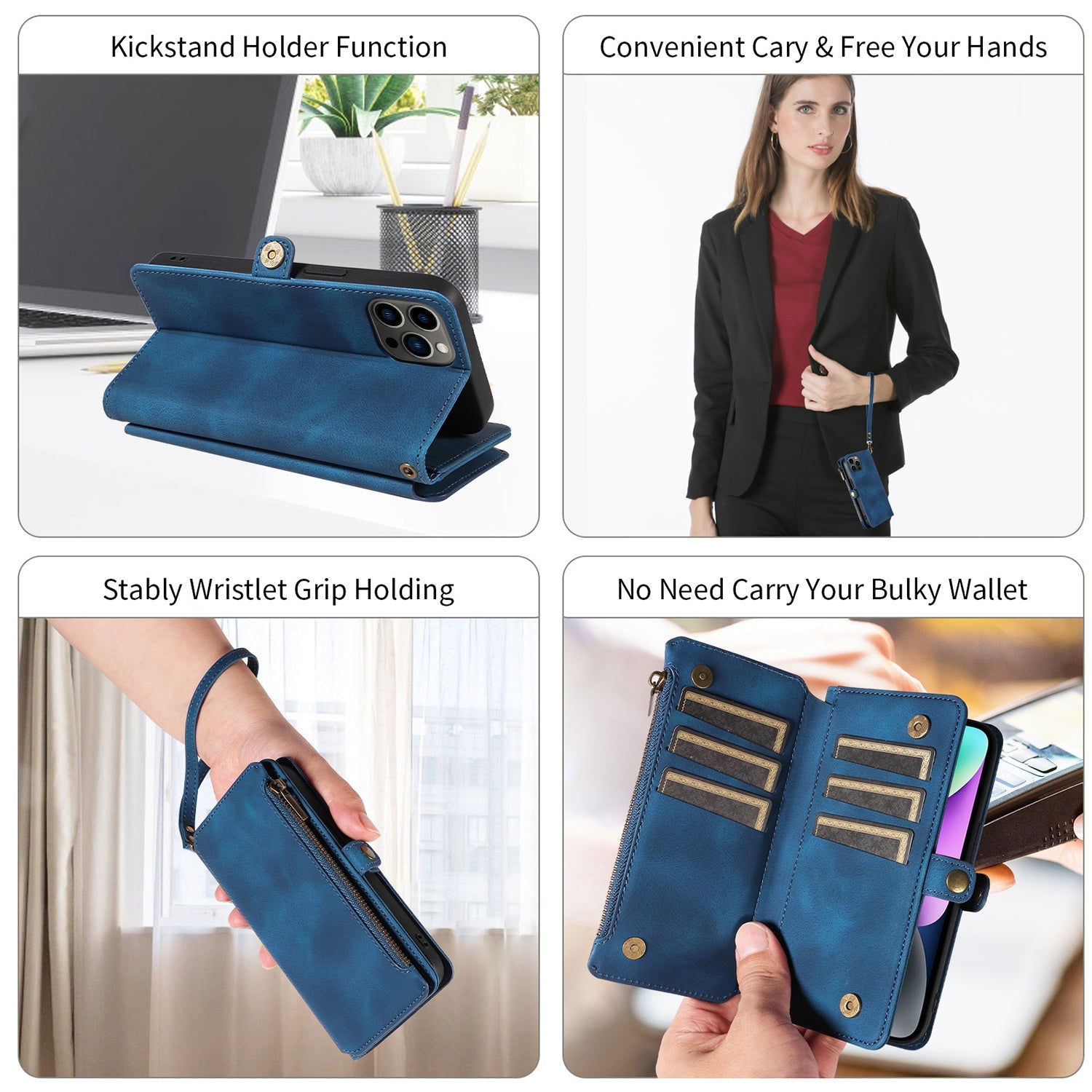 iPhone 13 Pro Retro Premium Flip Leather Cover with 9 Card Holder & Zipper Cash Pocket & Wrist Strap