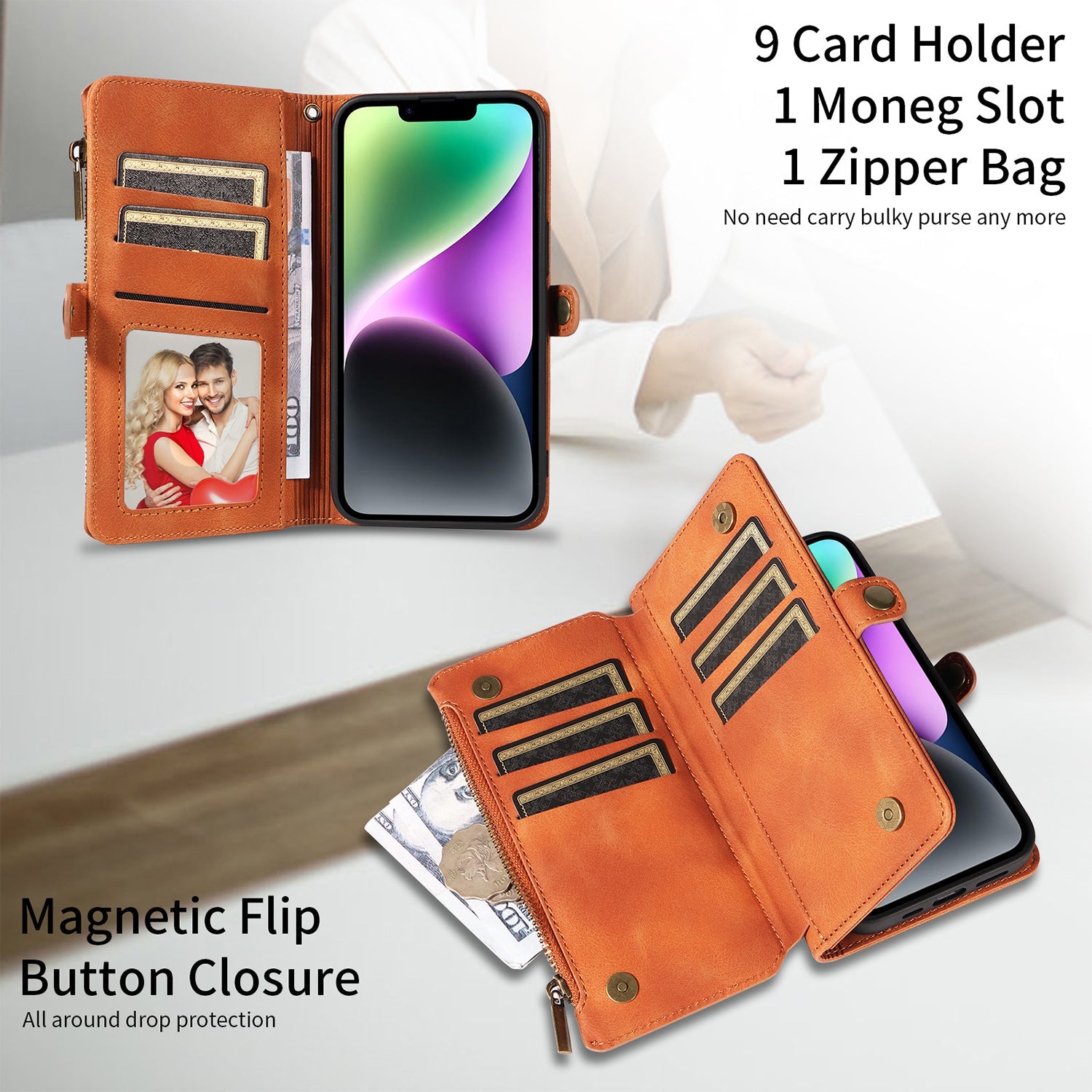 iPhone 13 Pro Retro Premium Flip Leather Cover with 9 Card Holder & Zipper Cash Pocket & Wrist Strap