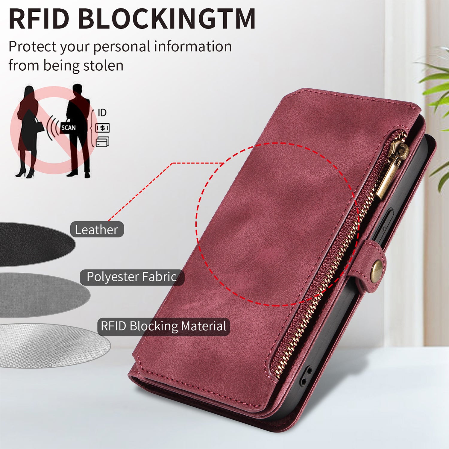iPhone 13 Pro Retro Premium Flip Leather Cover with 9 Card Holder & Zipper Cash Pocket & Wrist Strap