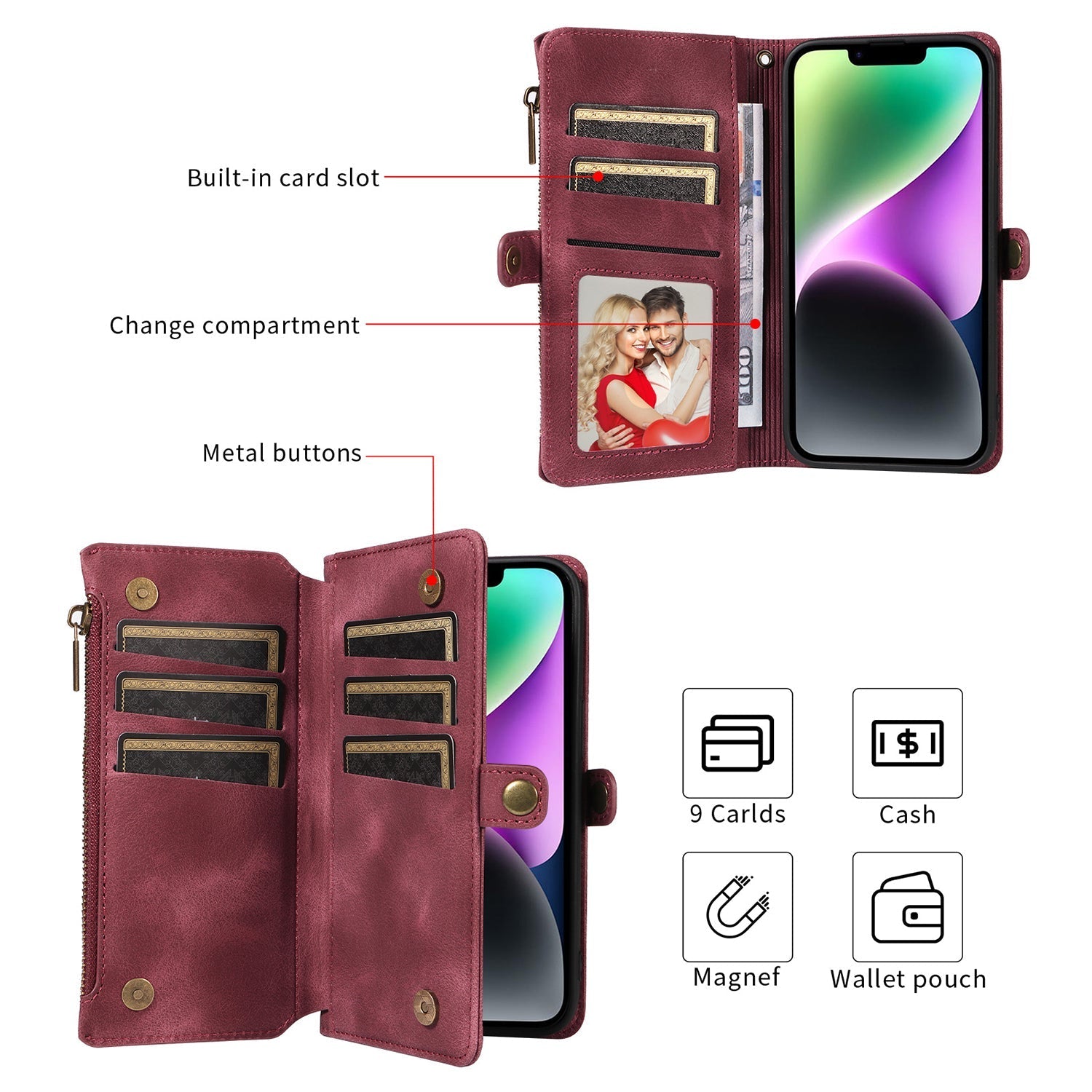 iPhone 13 Pro Max Retro Premium Flip Leather Cover with 9 Card Holder & Zipper Cash Pocket & Wrist Strap