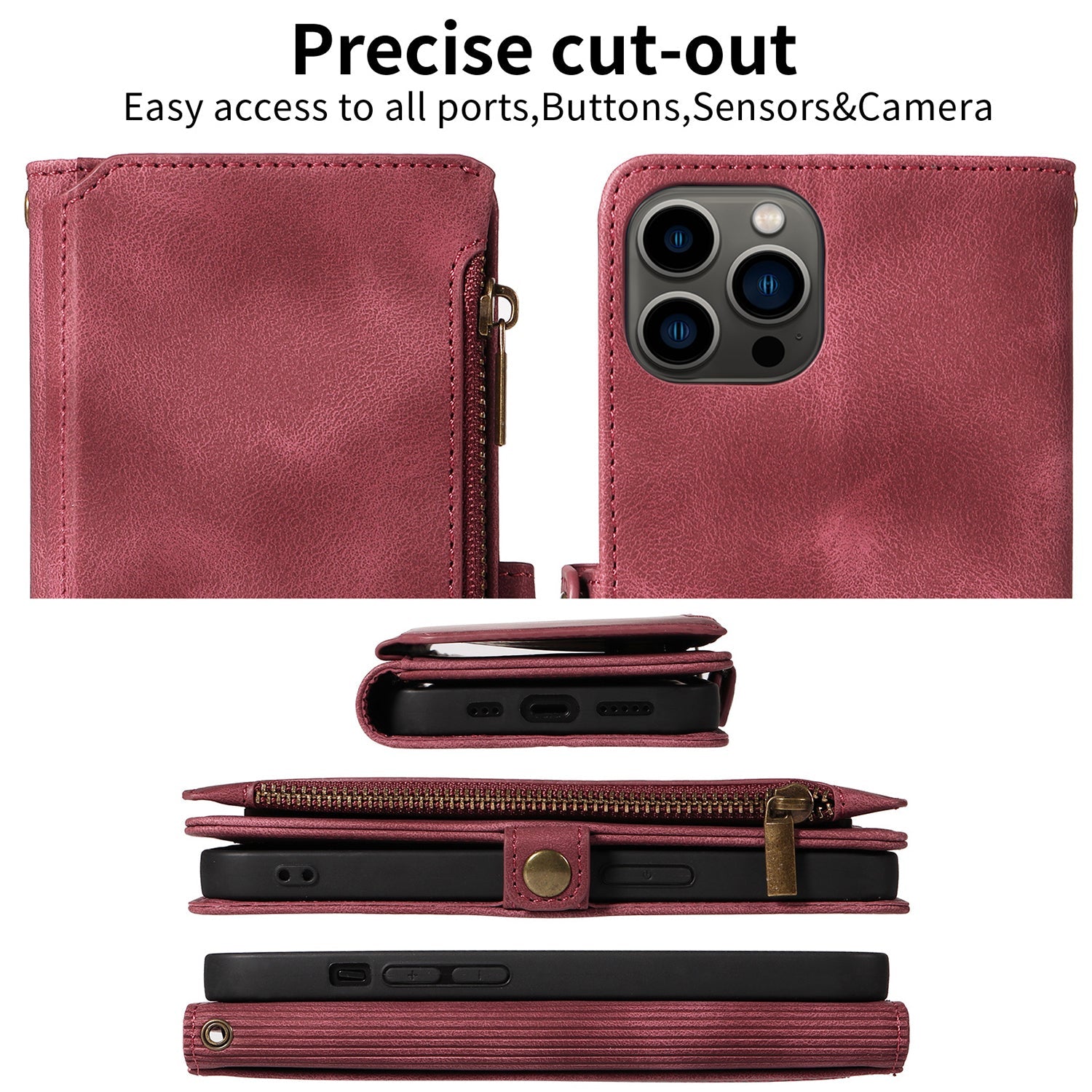iPhone 13 Pro Retro Premium Flip Leather Cover with 9 Card Holder & Zipper Cash Pocket & Wrist Strap