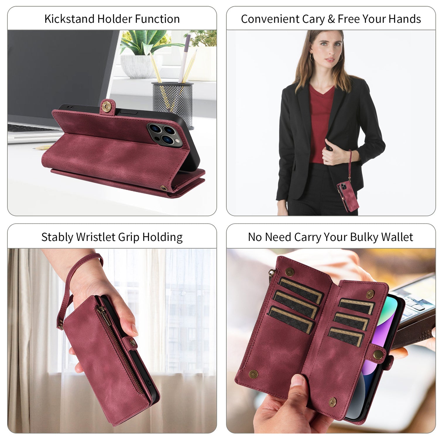 iPhone 13 Pro Retro Premium Flip Leather Cover with 9 Card Holder & Zipper Cash Pocket & Wrist Strap