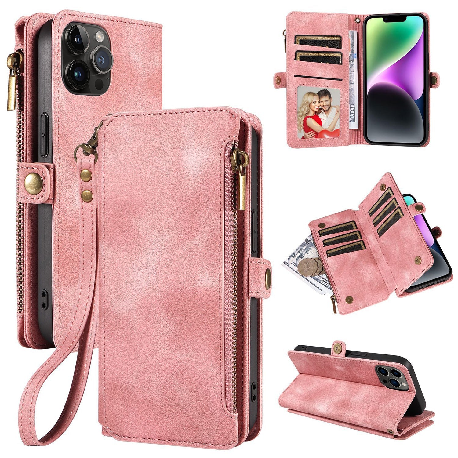 iPhone 13 Pro Retro Premium Flip Leather Cover with 9 Card Holder & Zipper Cash Pocket & Wrist Strap